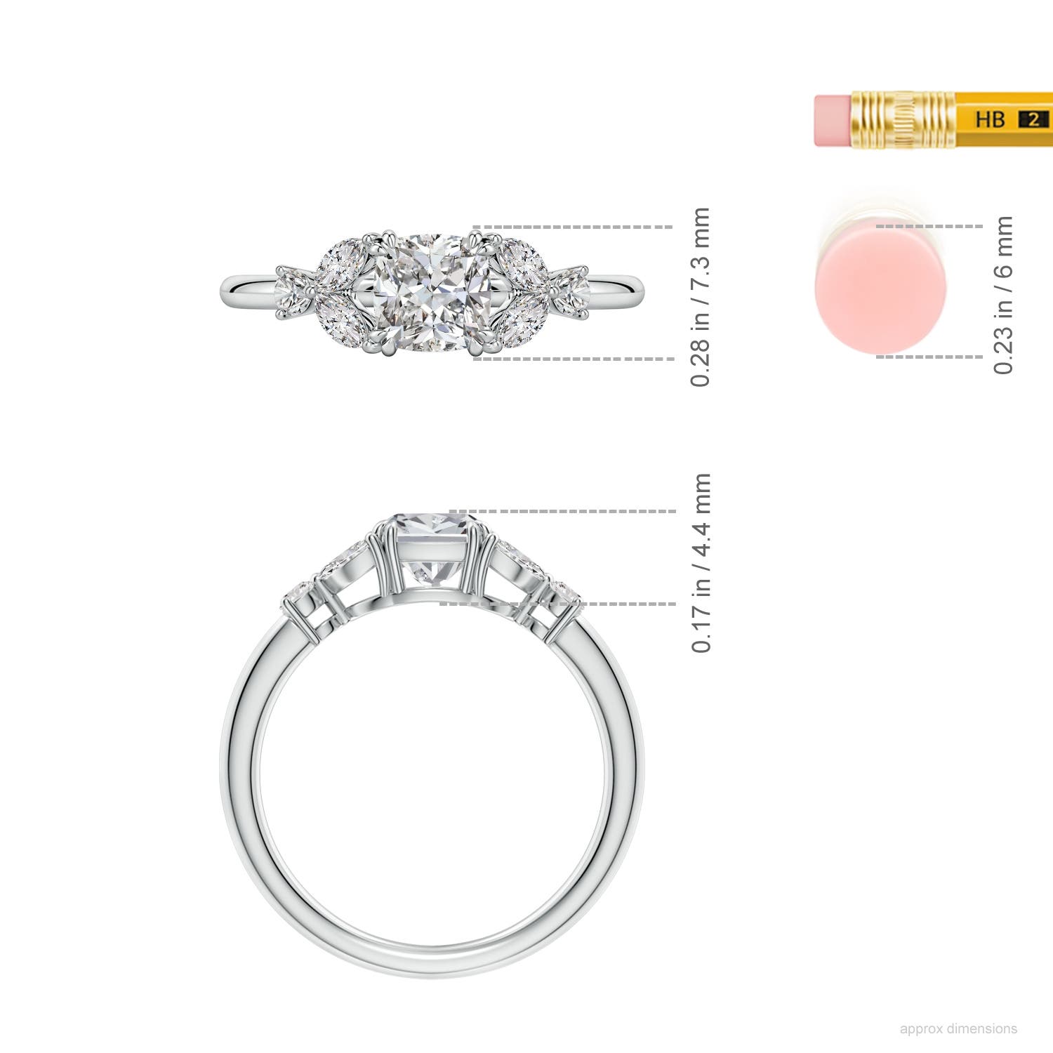 5.5mm IJI1I2 Double-Claw Prong Cushion Diamond Side Stone Engagement Ring in White Gold - ruler