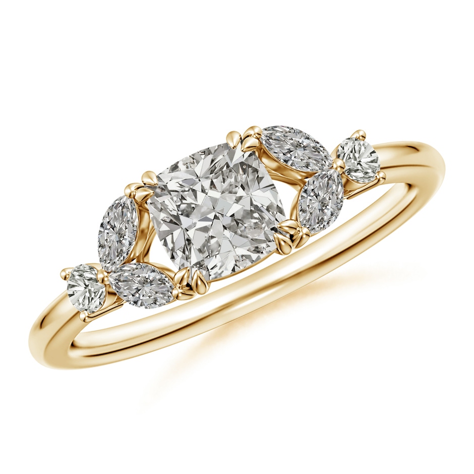 5.5mm KI3 Double-Claw Prong Cushion Diamond Side Stone Engagement Ring in Yellow Gold 