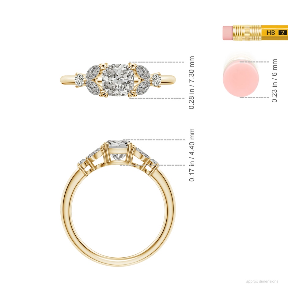5.5mm KI3 Double-Claw Prong Cushion Diamond Side Stone Engagement Ring in Yellow Gold ruler