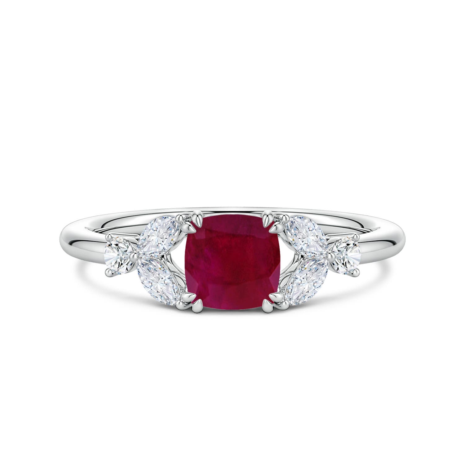 Angara 1.44 Ctw Double-claw Prong Cushion Ruby Side Stone Engagement Ring In Metallic