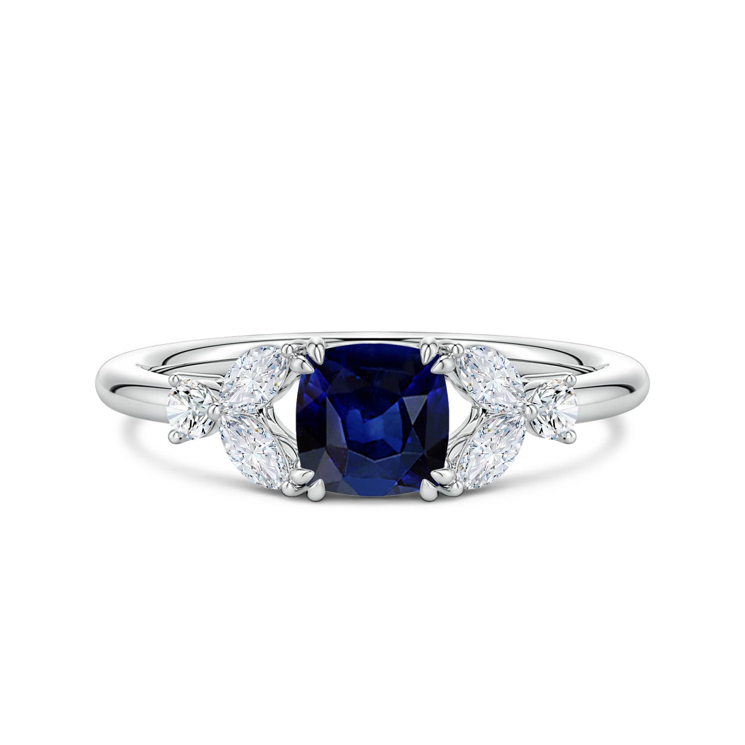 6mm AAA Double-Claw Prong Cushion Blue Sapphire Side Stone Engagement Ring in 18CT White Gold