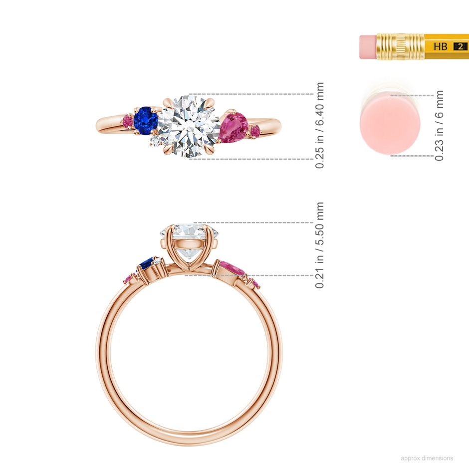 6.4mm GVS2 Round Diamond Engagement Ring with Sapphire Accents in Rose Gold ruler