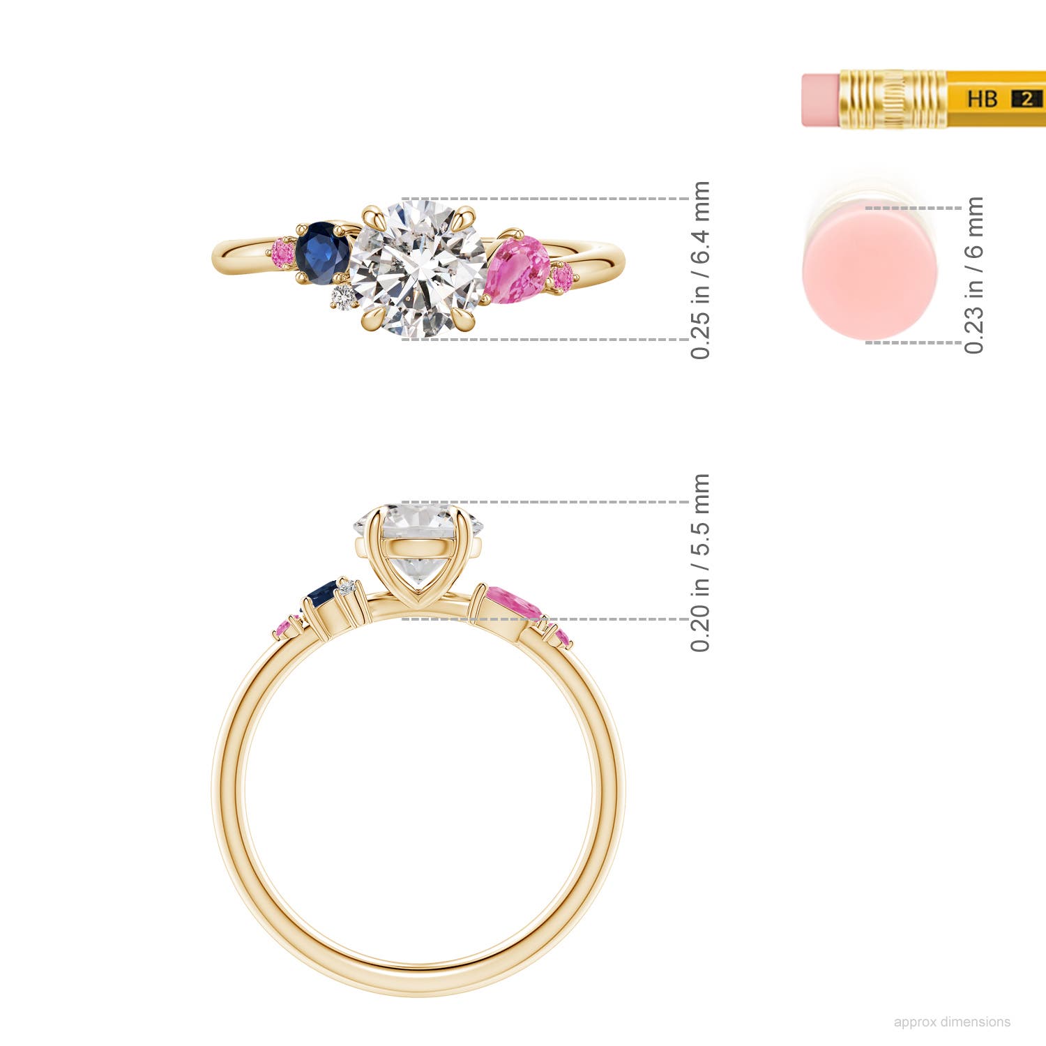 6.4mm IJI1I2 Round Diamond Engagement Ring with Sapphire Accents in Yellow Gold - ruler