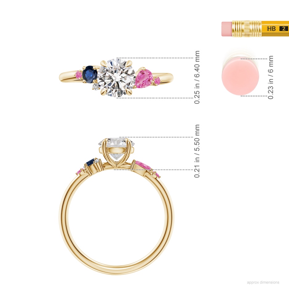 6.4mm IJI1I2 Round Diamond Engagement Ring with Sapphire Accents in Yellow Gold ruler