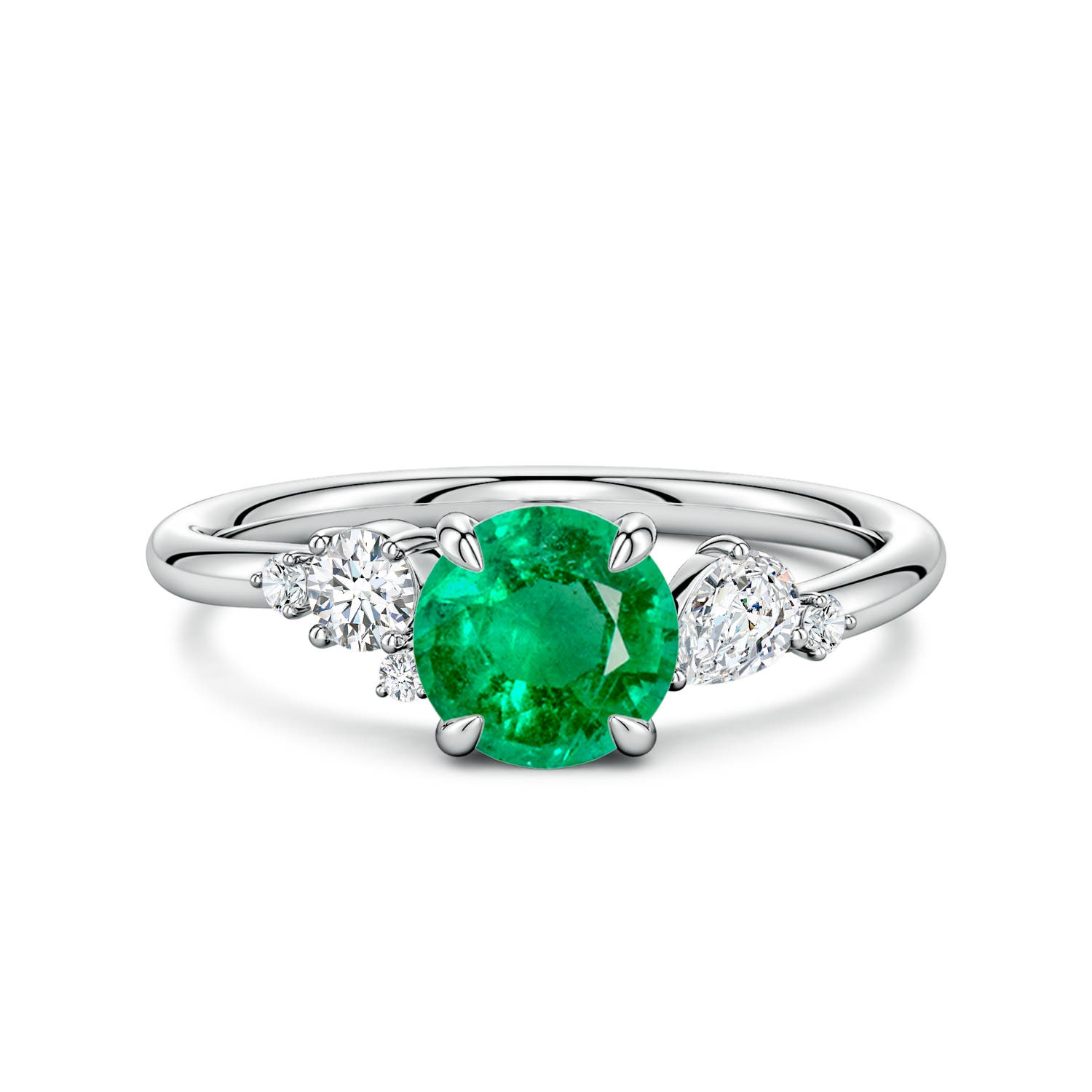 6.5mm AAA Round Emerald Engagement Ring with Multi-Shape Diamonds in 18K White Gold