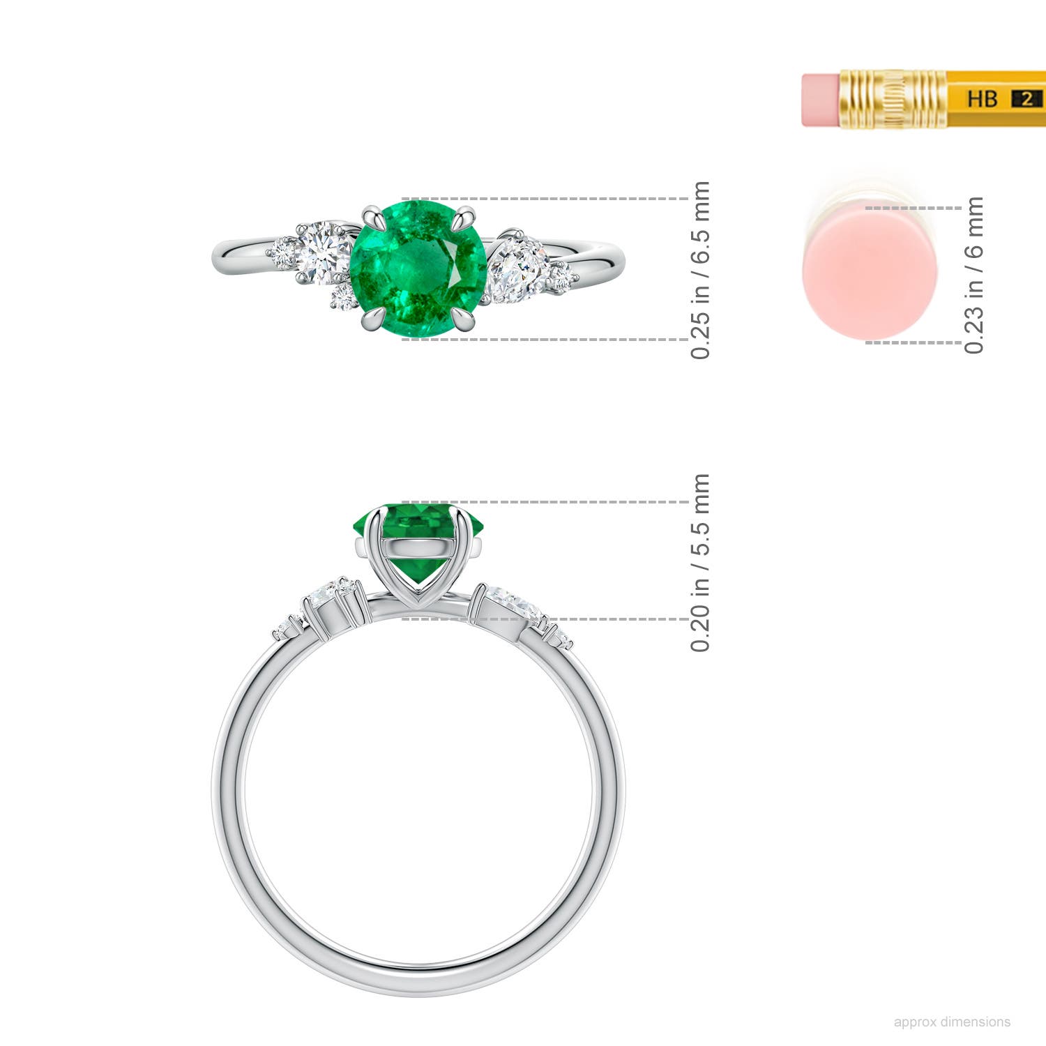 6.5mm AAA Round Emerald Engagement Ring with Multi-Shape Diamonds in White Gold - ruler