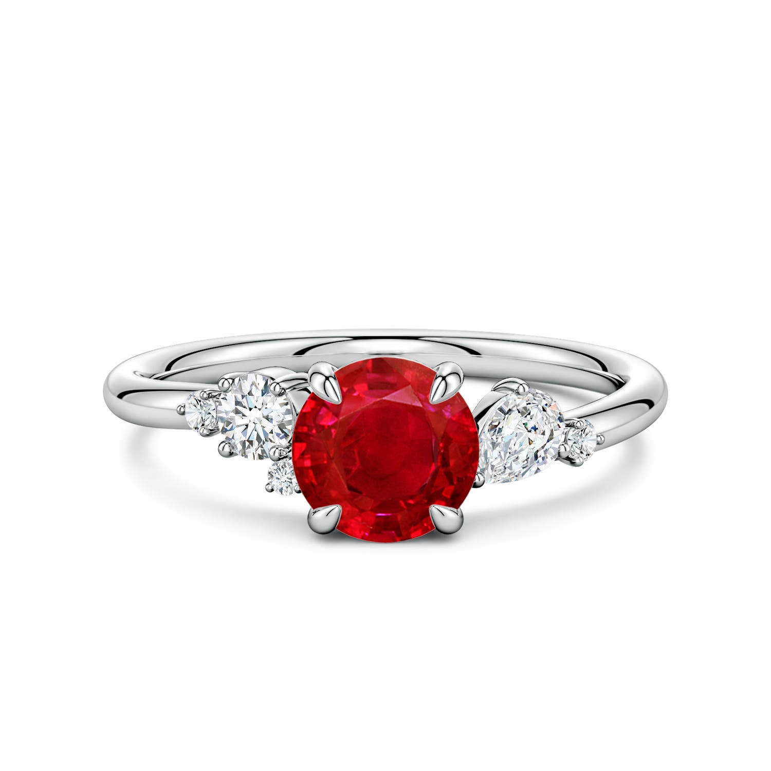 6.5mm AAA Round Ruby Engagement Ring with Multi-Shape Diamonds in White Gold