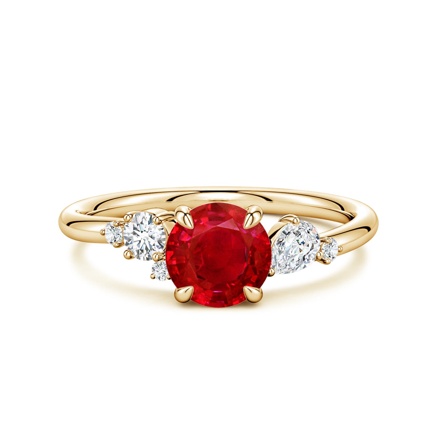 6.5mm AAA Round Ruby Engagement Ring with Multi-Shape Diamonds in Yellow Gold