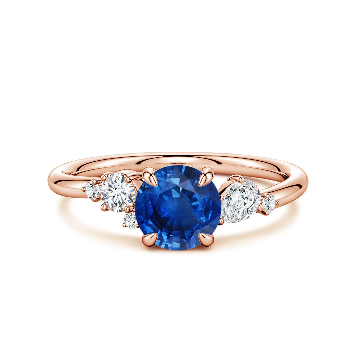 6.5mm AAA Round Blue Sapphire Engagement Ring with Multi-Shape Diamonds in Rose Gold