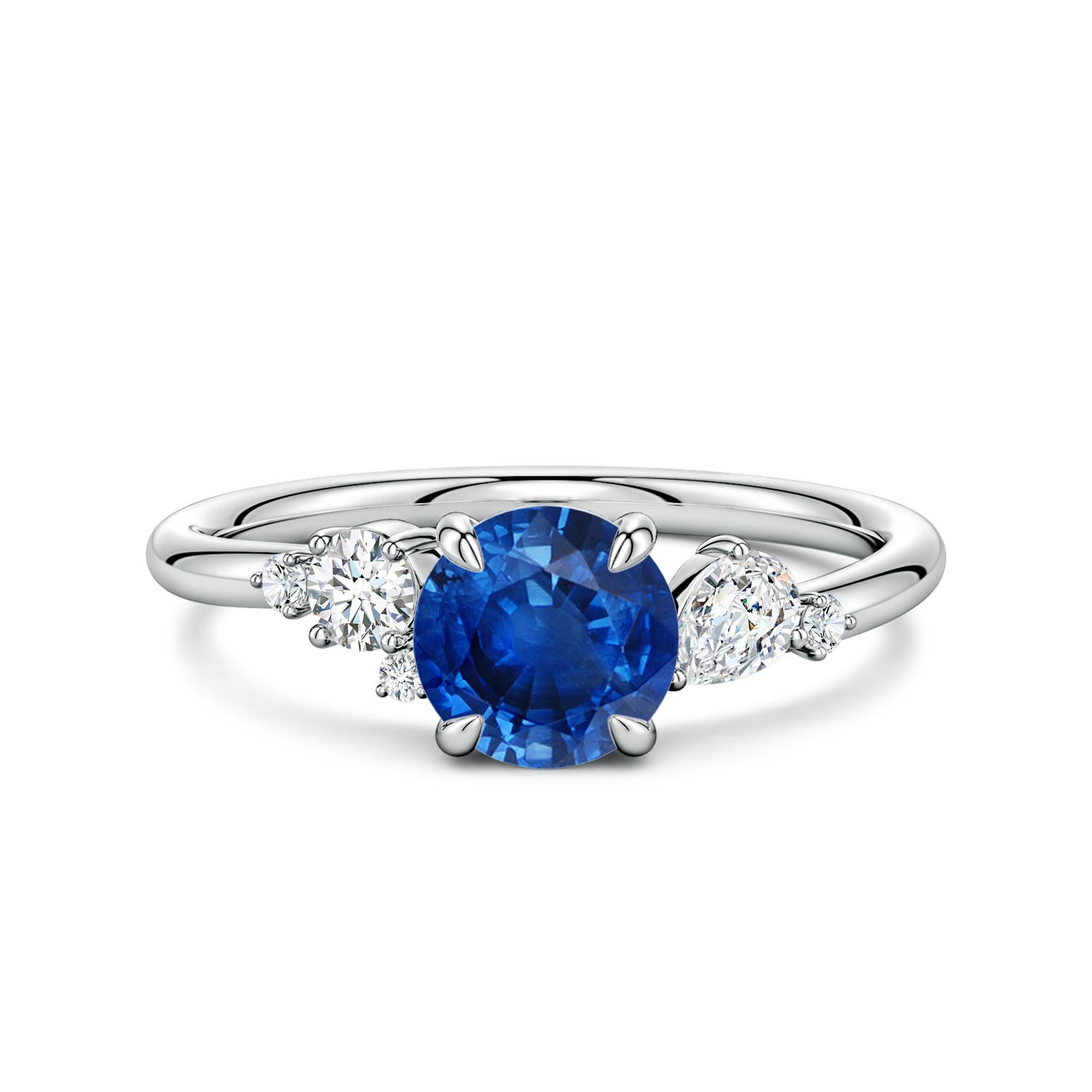 6.5mm AAA Round Blue Sapphire Engagement Ring with Multi-Shape Diamonds in White Gold