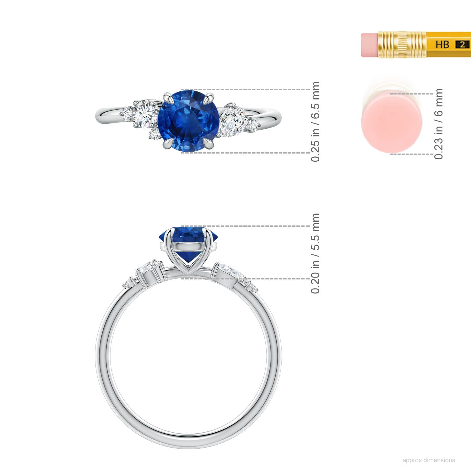 6.5mm AAA Round Blue Sapphire Engagement Ring with Multi-Shape Diamonds in White Gold - ruler