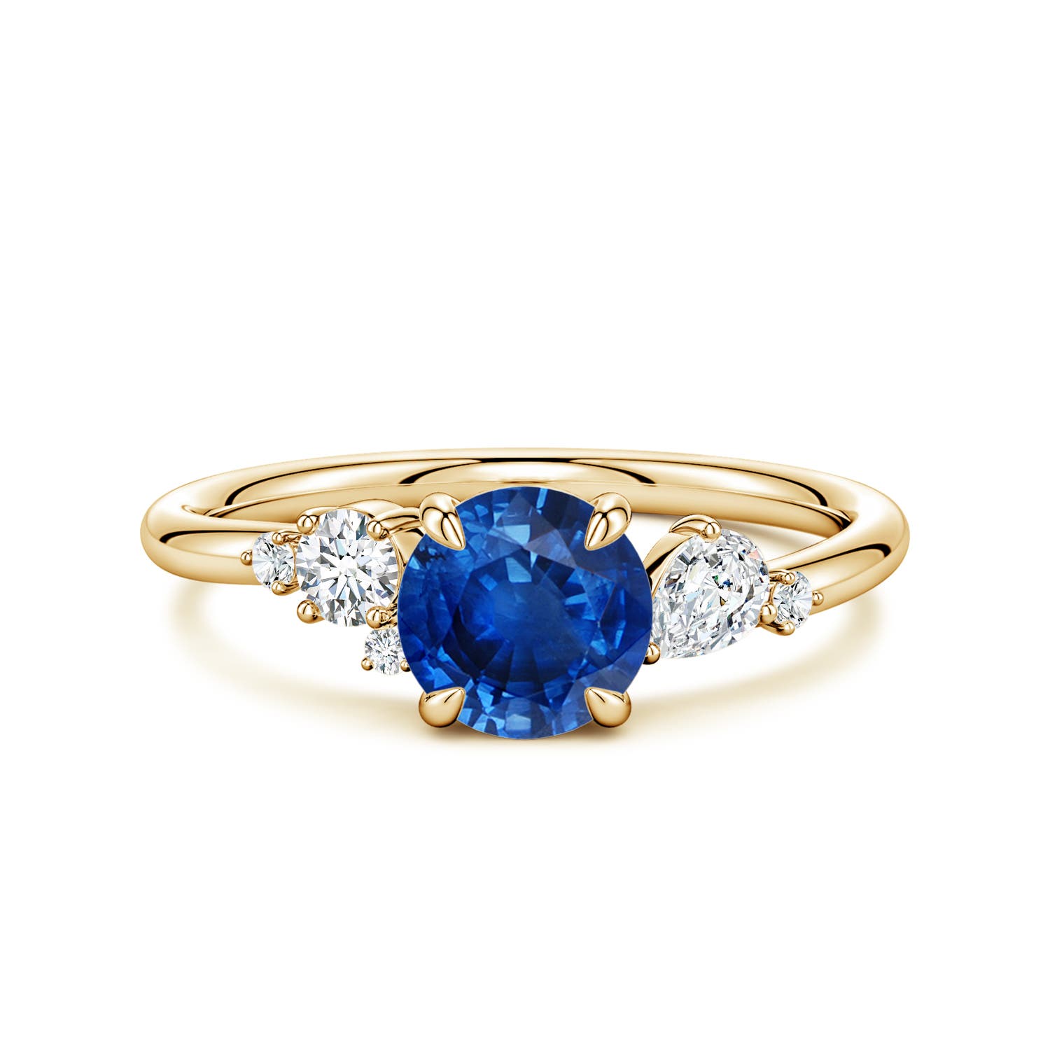 6.5mm AAA Round Blue Sapphire Engagement Ring with Multi-Shape Diamonds in Yellow Gold