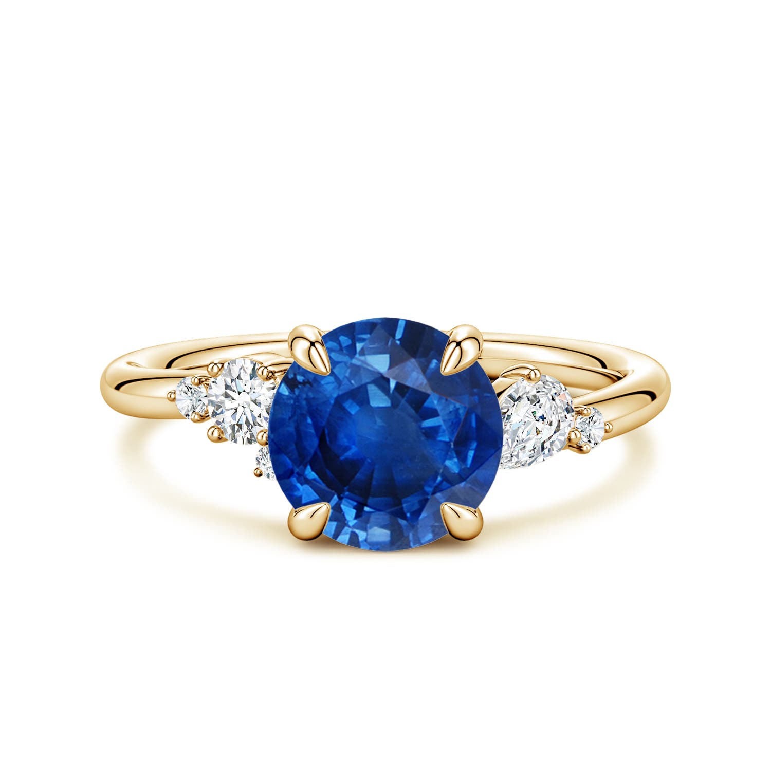 8mm AAA Round Blue Sapphire Engagement Ring with Multi-Shape Diamonds in Yellow Gold