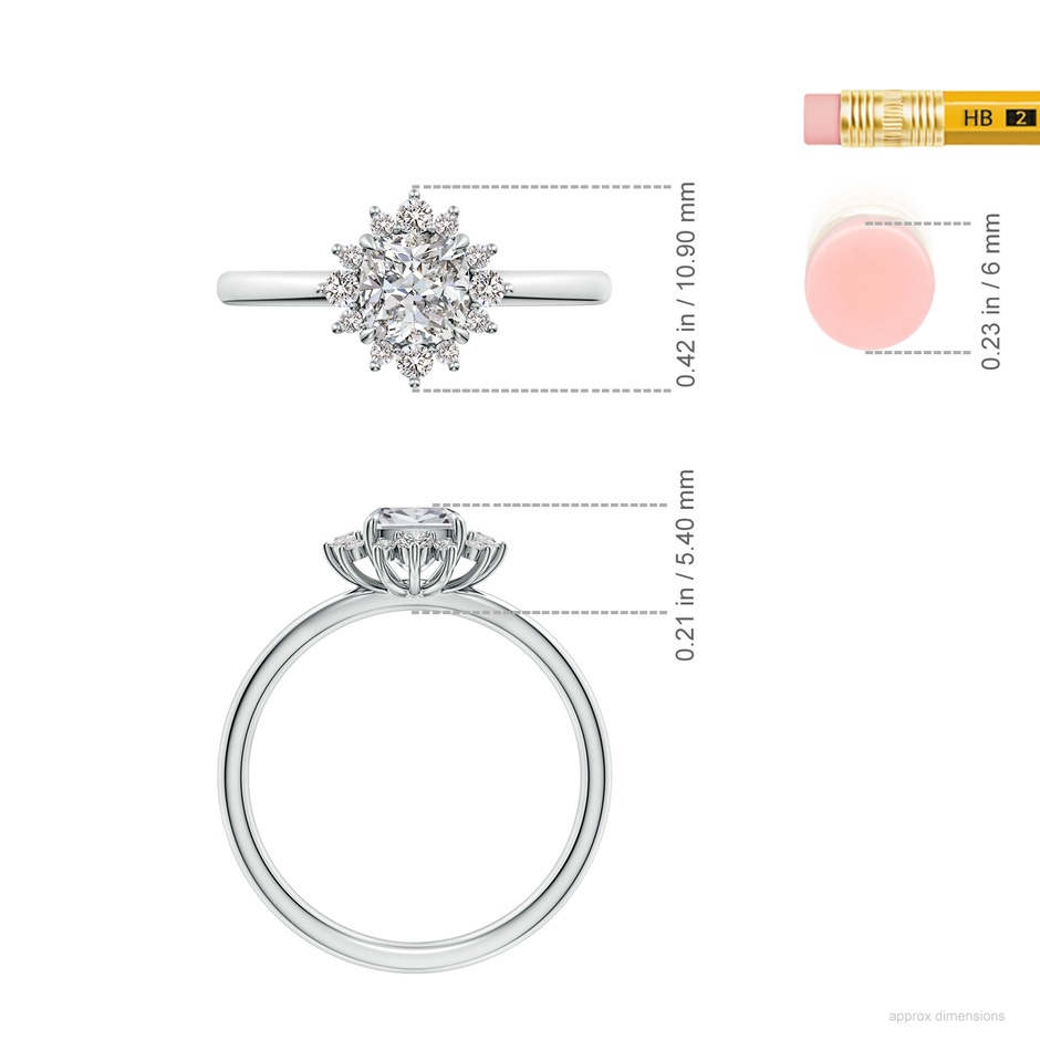 5.25mm IJI1I2 Cushion Diamond Ornate Halo Engagement Ring in White Gold ruler