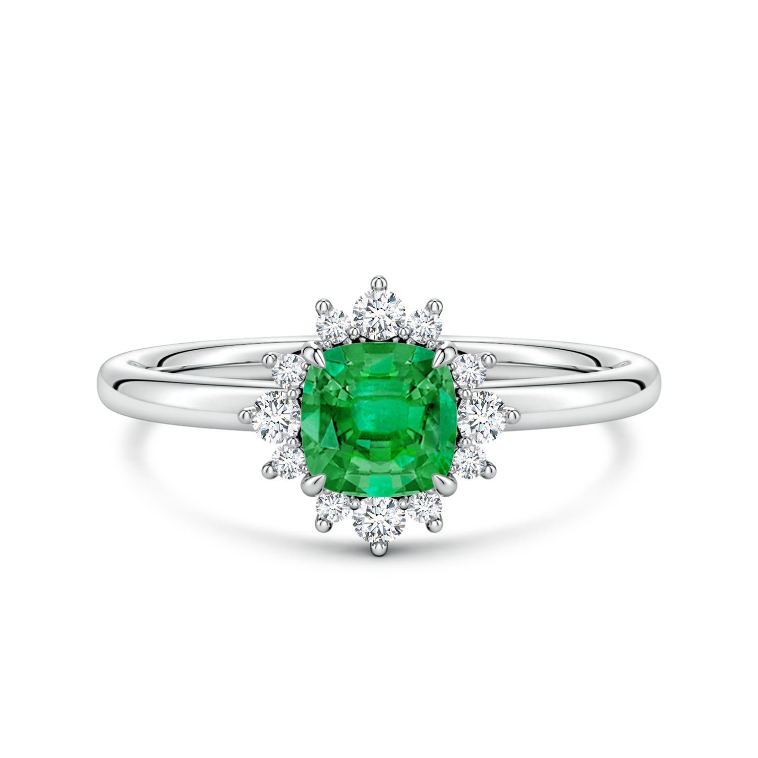 5mm AAA Cushion Emerald Ornate Halo Engagement Ring in White Gold