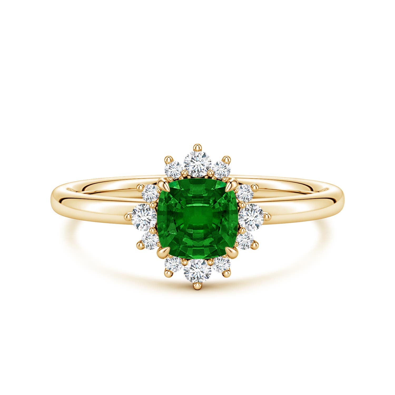 5mm AAAA Cushion Emerald Ornate Halo Engagement Ring in Yellow Gold