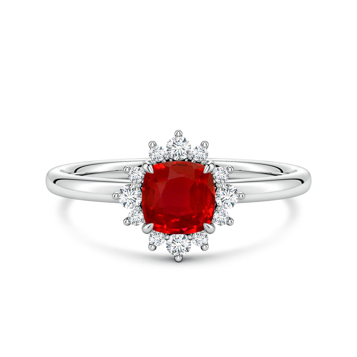 5mm AAA Cushion Ruby Ornate Halo Engagement Ring in White Gold