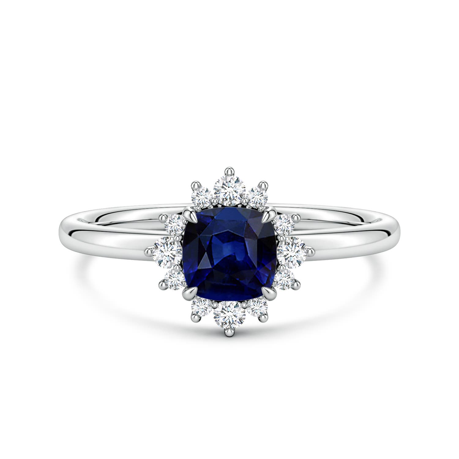 5mm AAA Cushion Blue Sapphire Ornate Halo Engagement Ring in White Gold