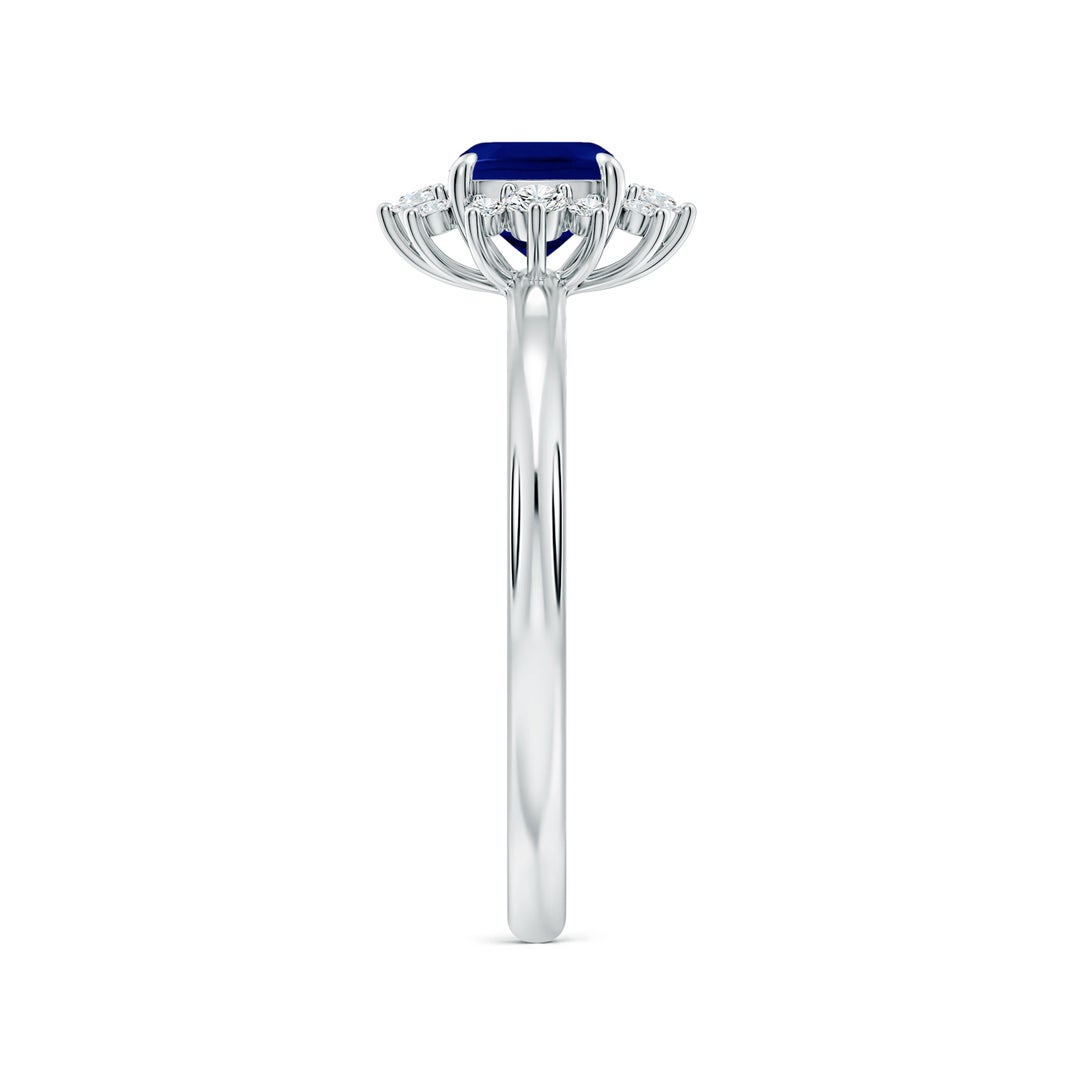 5mm AAA Cushion Blue Sapphire Ornate Halo Engagement Ring in White Gold - side 3