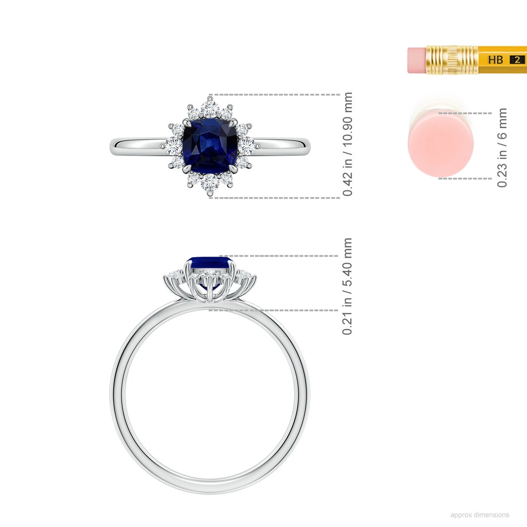5mm AAA Cushion Blue Sapphire Ornate Halo Engagement Ring in White Gold - ruler