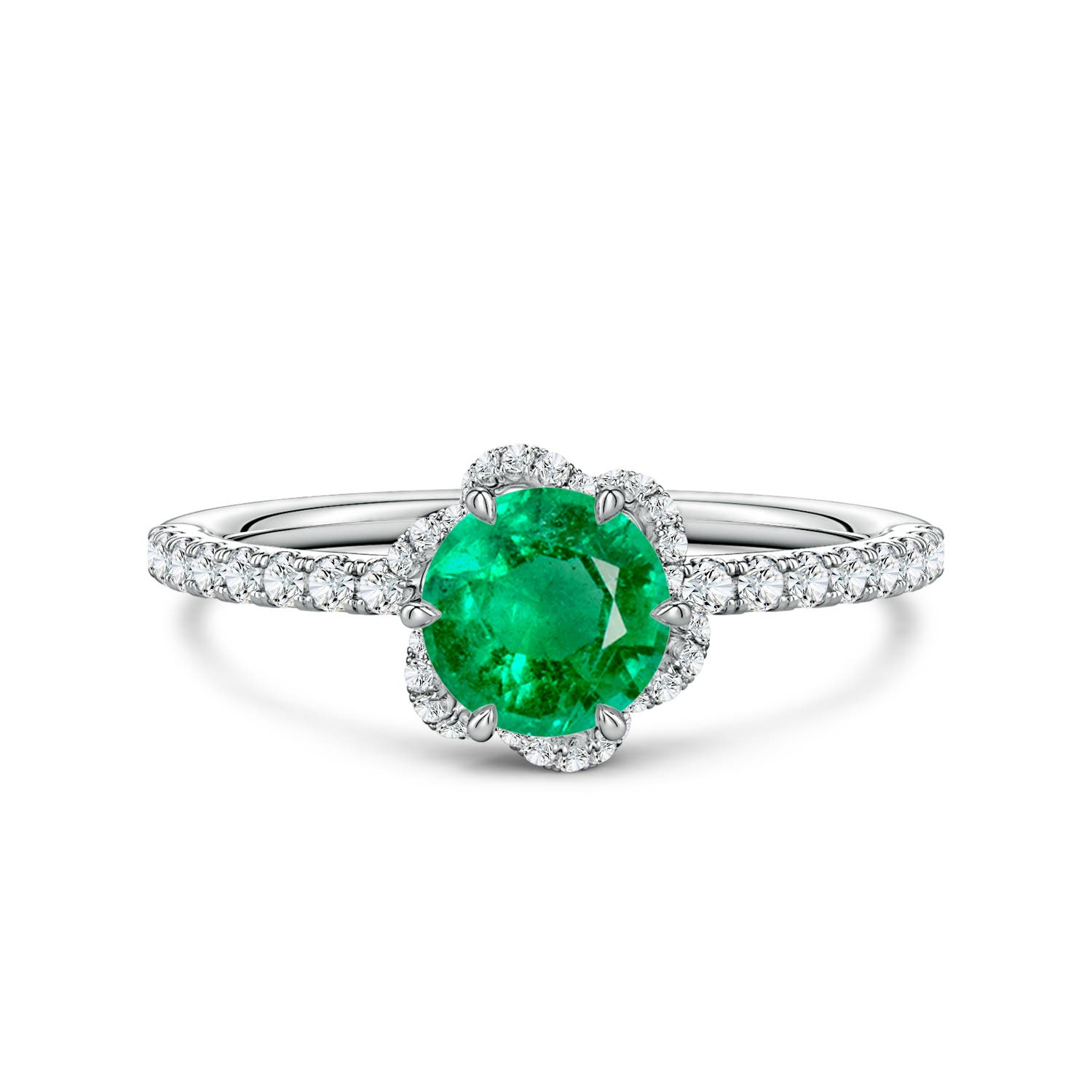 6mm AAA Six-Claw Prong Round Emerald Floral Basket Engagement Ring in White Gold