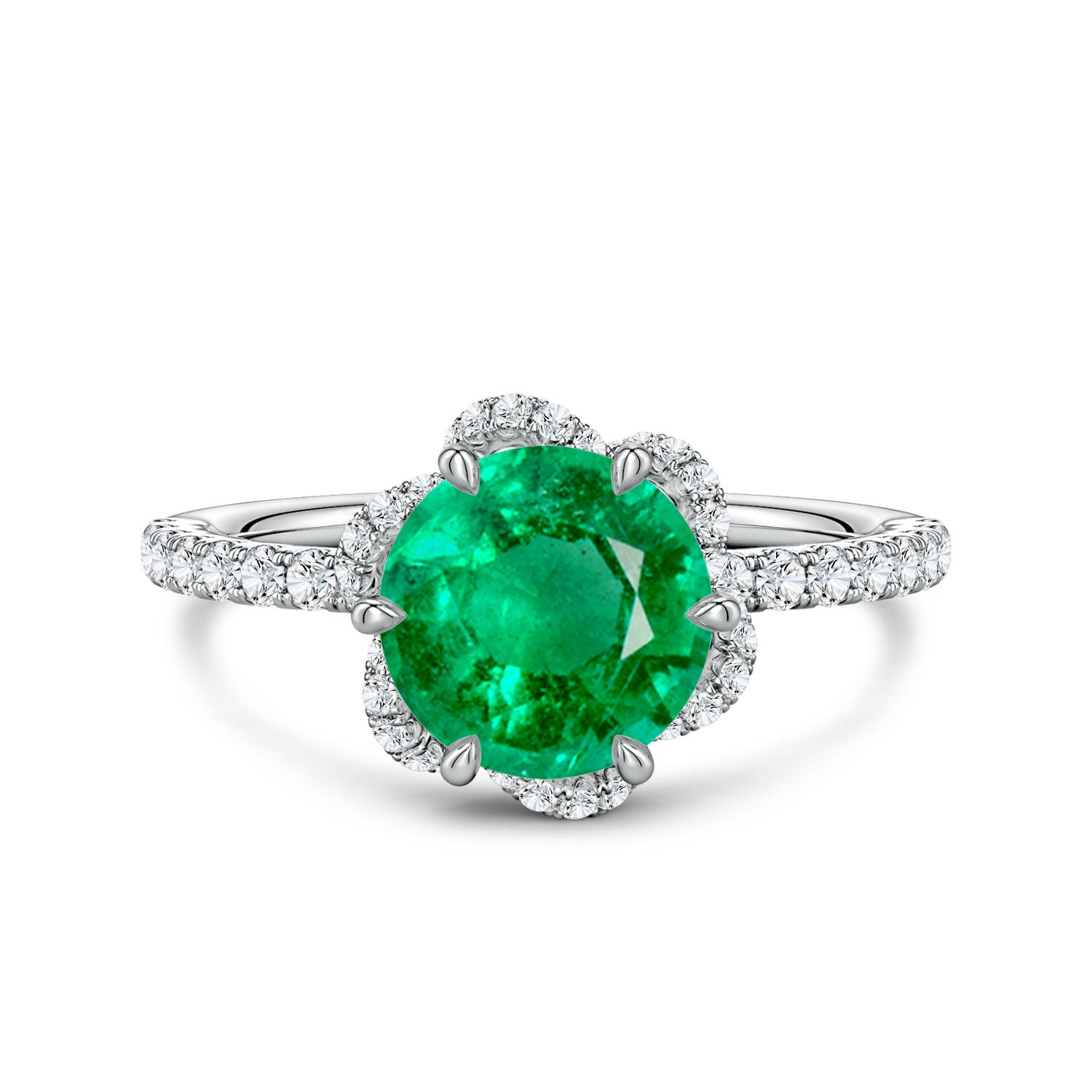 8mm AAA Six-Claw Prong Round Emerald Floral Basket Engagement Ring in White Gold
