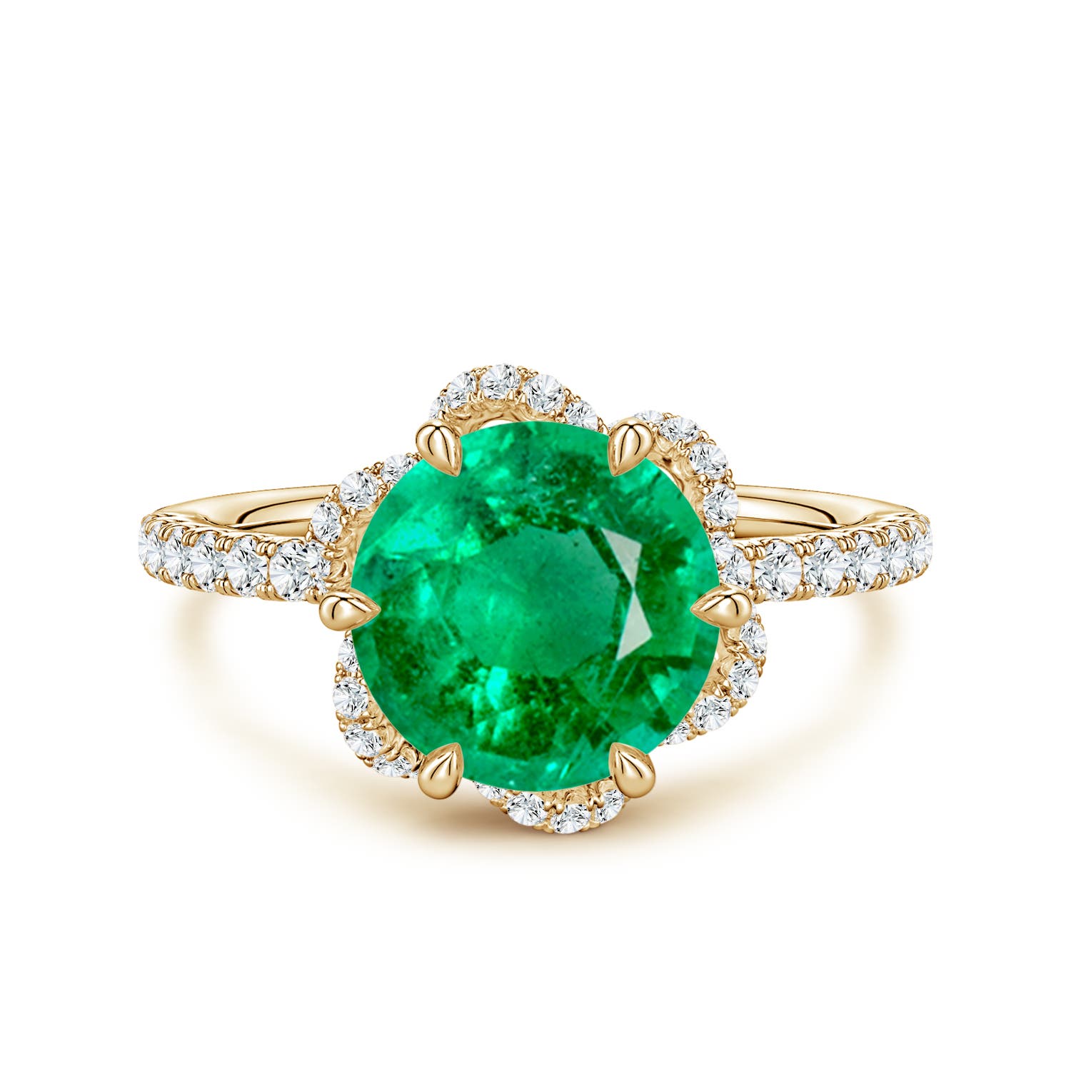 9mm AAA Six-Claw Prong Round Emerald Floral Basket Engagement Ring in Yellow Gold