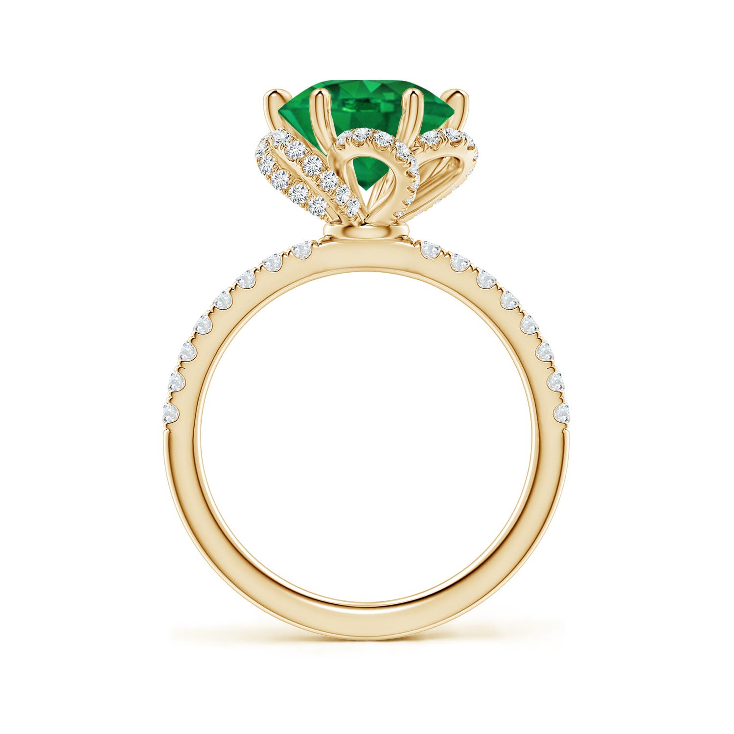 9mm AAA Six-Claw Prong Round Emerald Floral Basket Engagement Ring in Yellow Gold