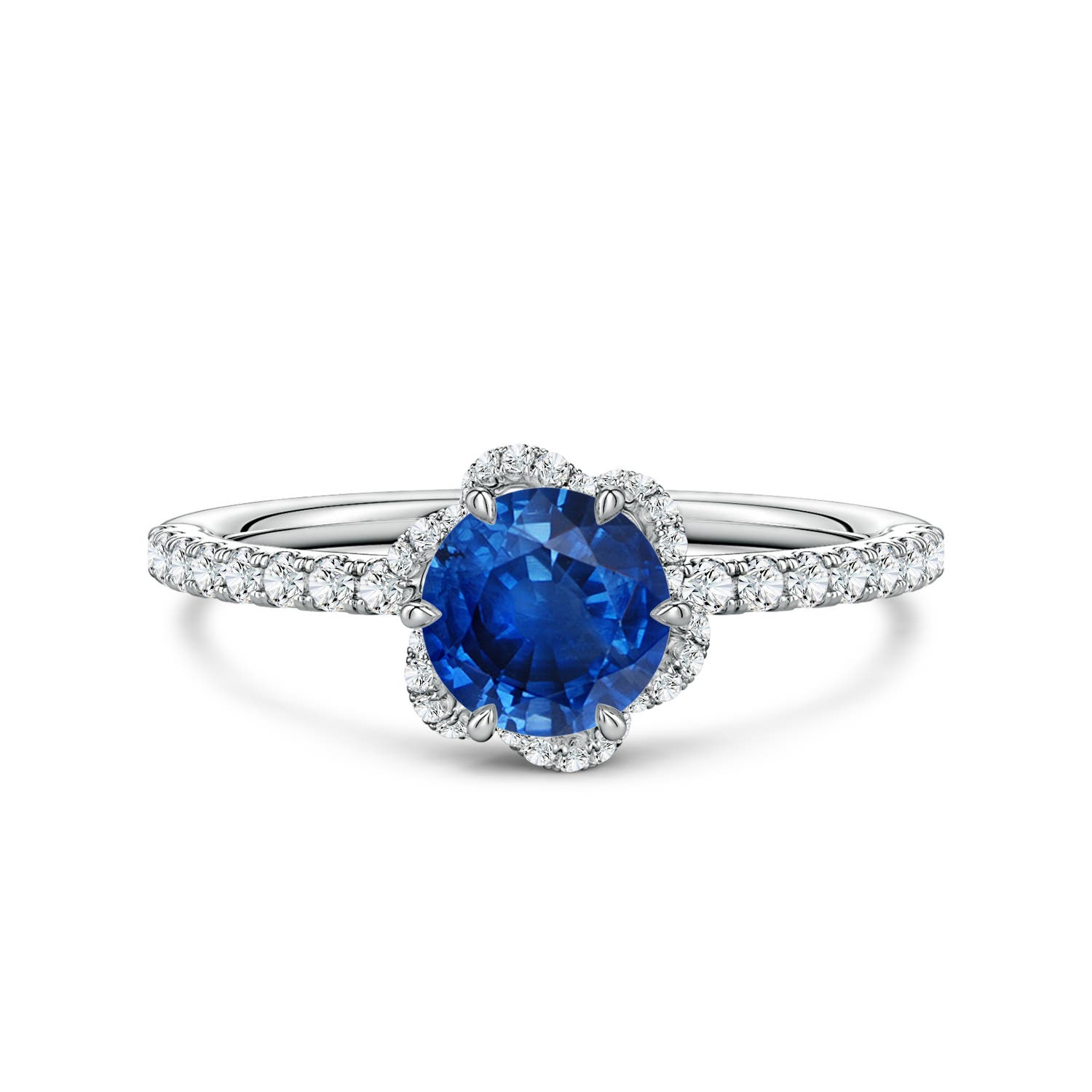 6mm AAA Six-Claw Prong Round Blue Sapphire Floral Basket Engagement Ring in 18K White Gold