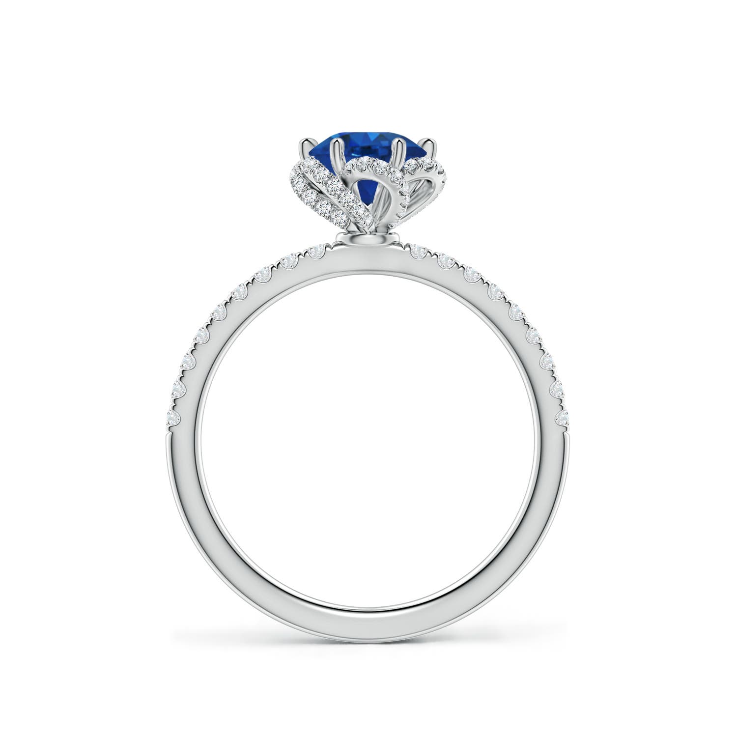 6mm AAA Six-Claw Prong Round Blue Sapphire Floral Basket Engagement Ring in 18K White Gold