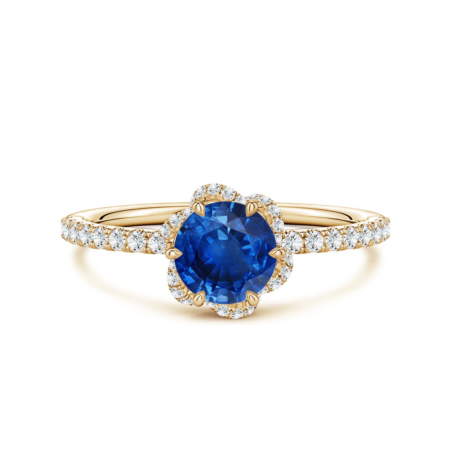 6mm AAA Six-Claw Prong Round Blue Sapphire Floral Basket Engagement Ring in Yellow Gold