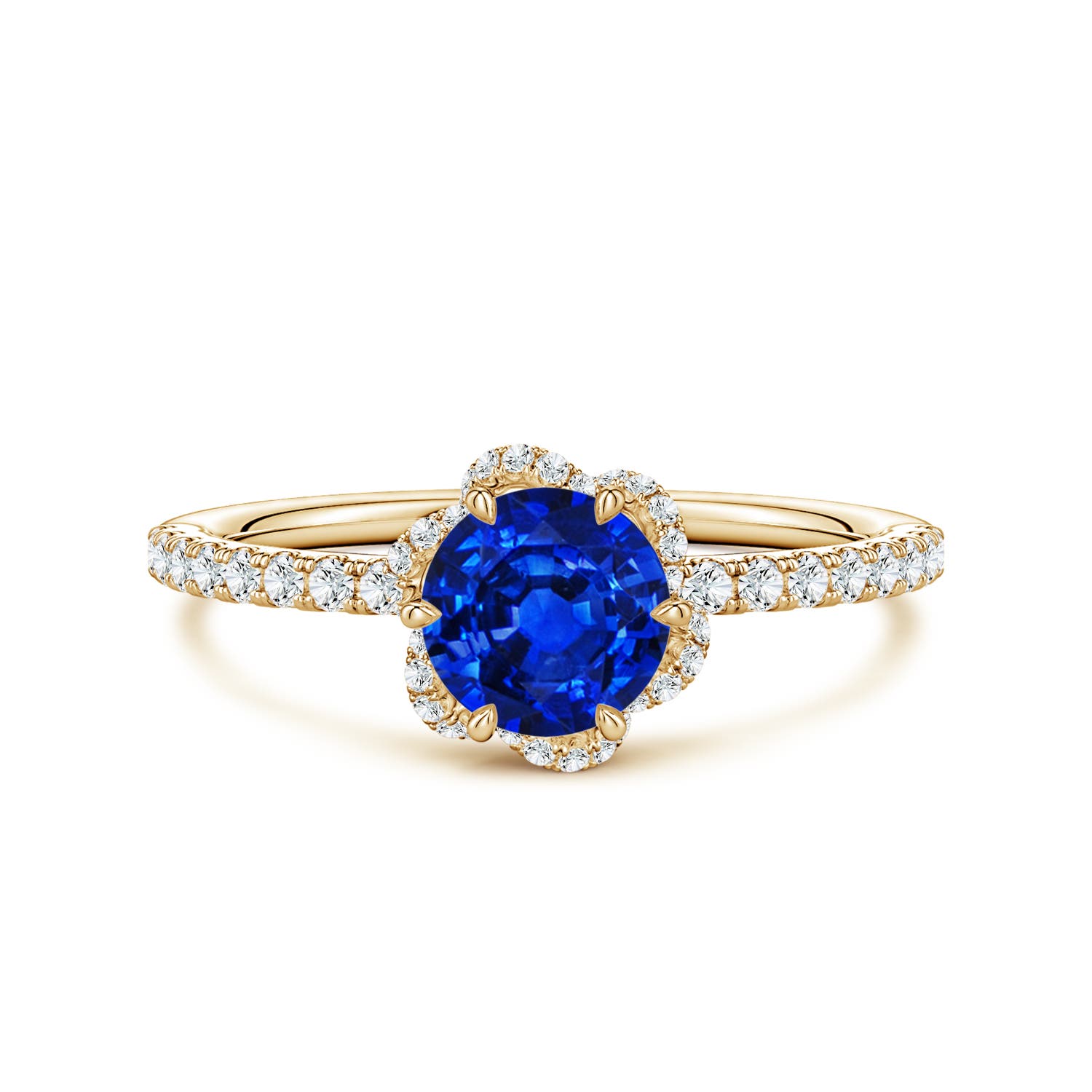 6mm AAAA Six-Claw Prong Round Blue Sapphire Floral Basket Engagement Ring in Yellow Gold