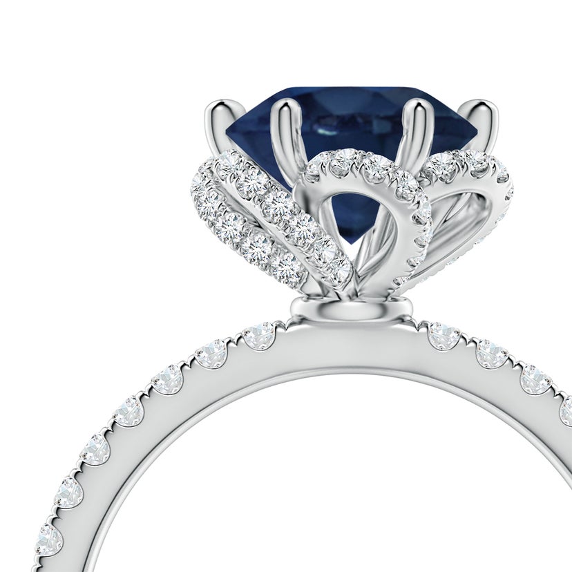 Six-Claw Prong Round Blue Sapphire Floral Basket Engagement Ring