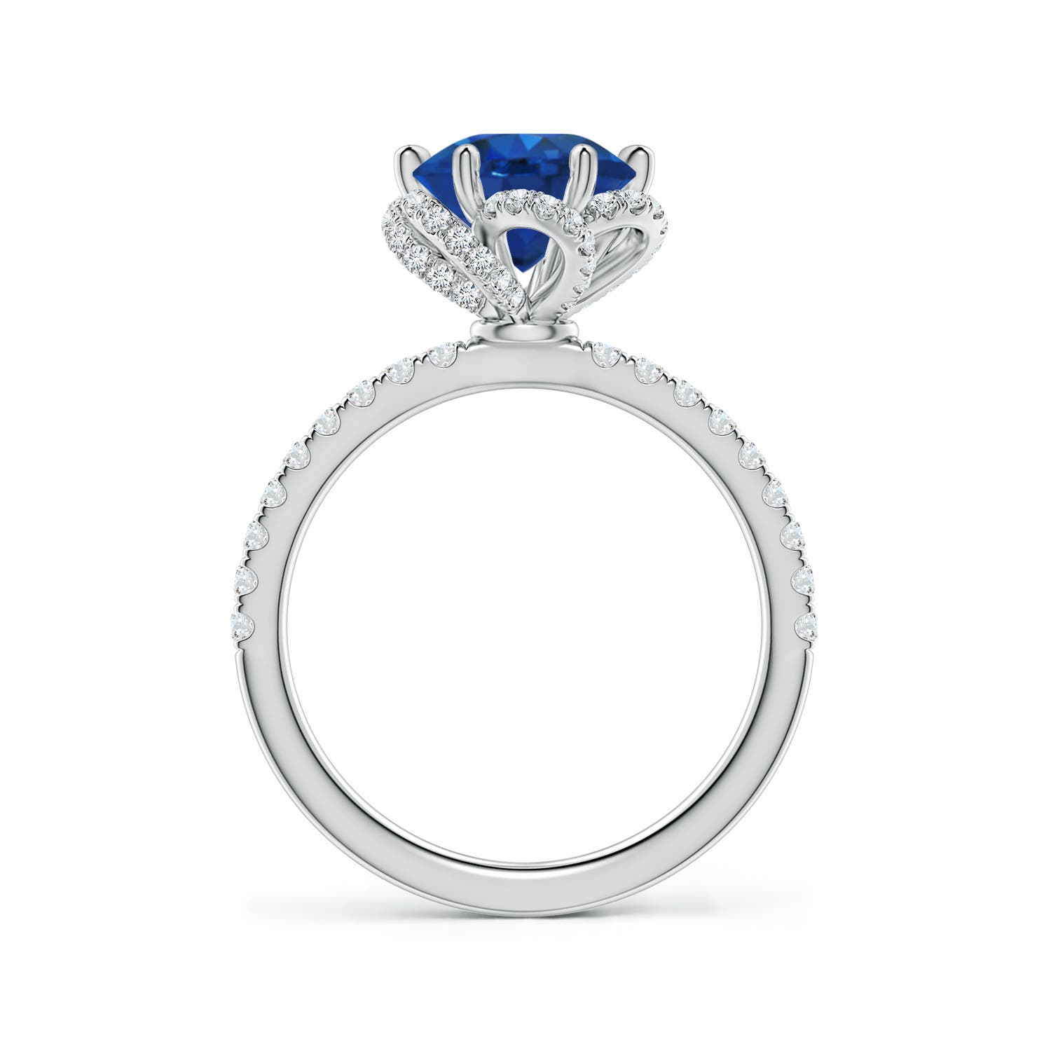 8mm AAA Six-Claw Prong Round Blue Sapphire Floral Basket Engagement Ring in 18K White Gold