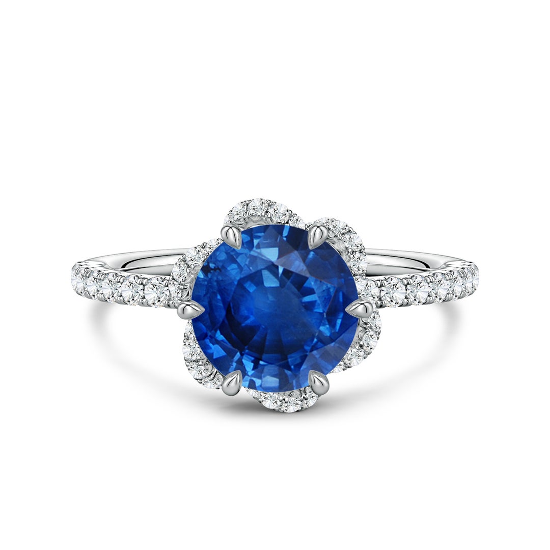 8mm AAA Six-Claw Prong Round Blue Sapphire Floral Basket Engagement Ring in White Gold