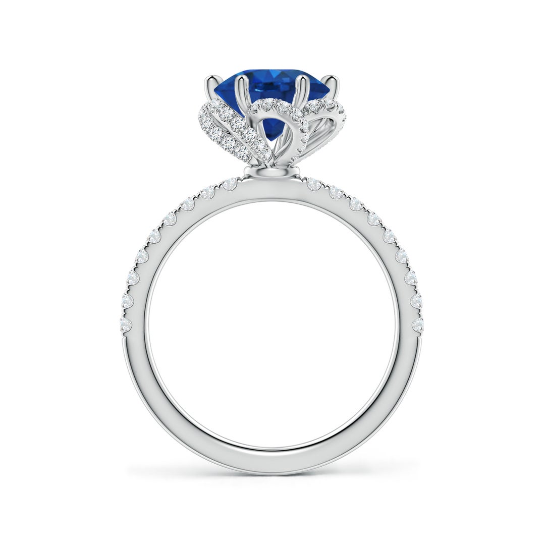 8mm AAA Six-Claw Prong Round Blue Sapphire Floral Basket Engagement Ring in White Gold - side 2