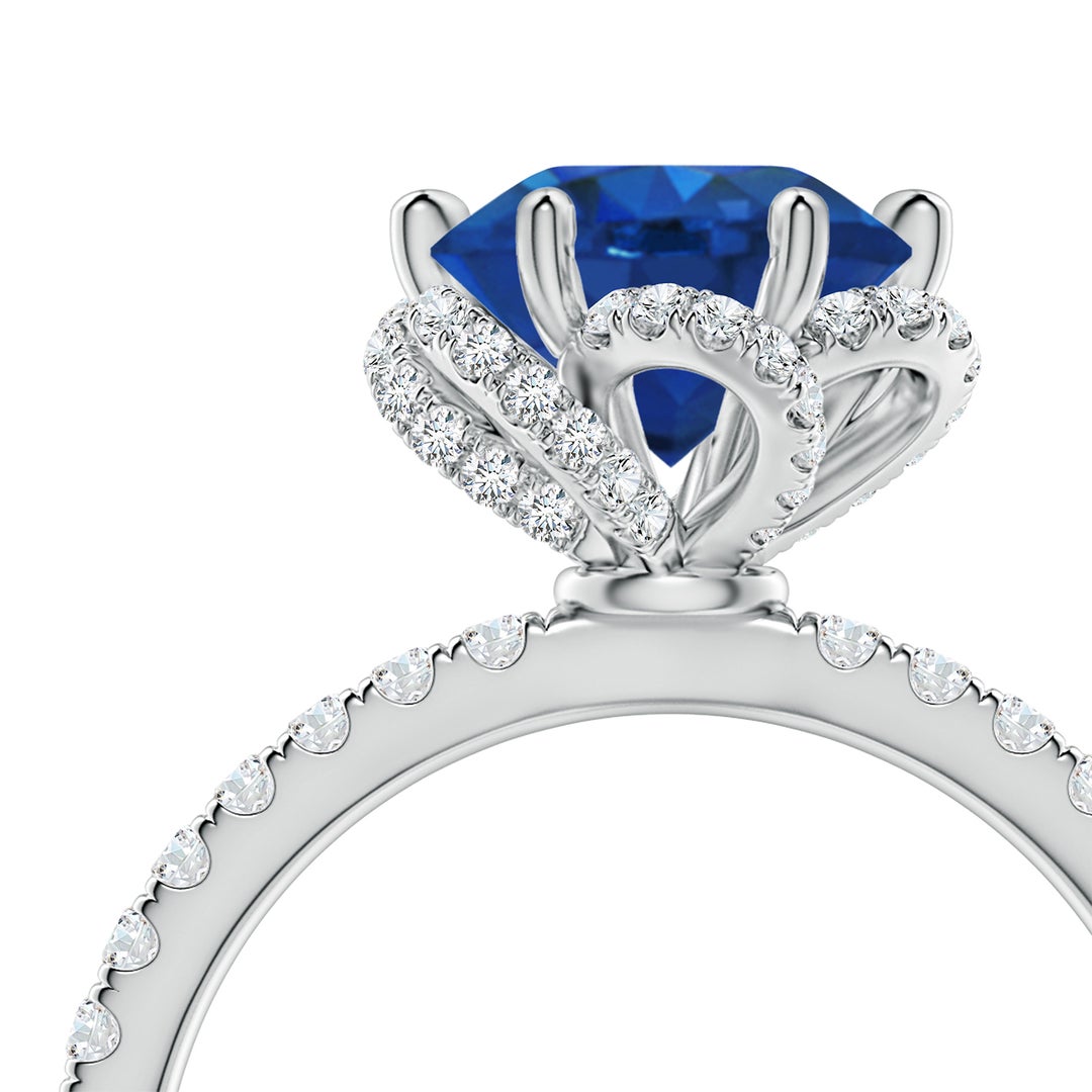 8mm AAA Six-Claw Prong Round Blue Sapphire Floral Basket Engagement Ring in White Gold - side 4