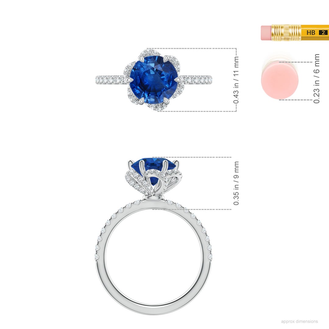 8mm AAA Six-Claw Prong Round Blue Sapphire Floral Basket Engagement Ring in White Gold - ruler