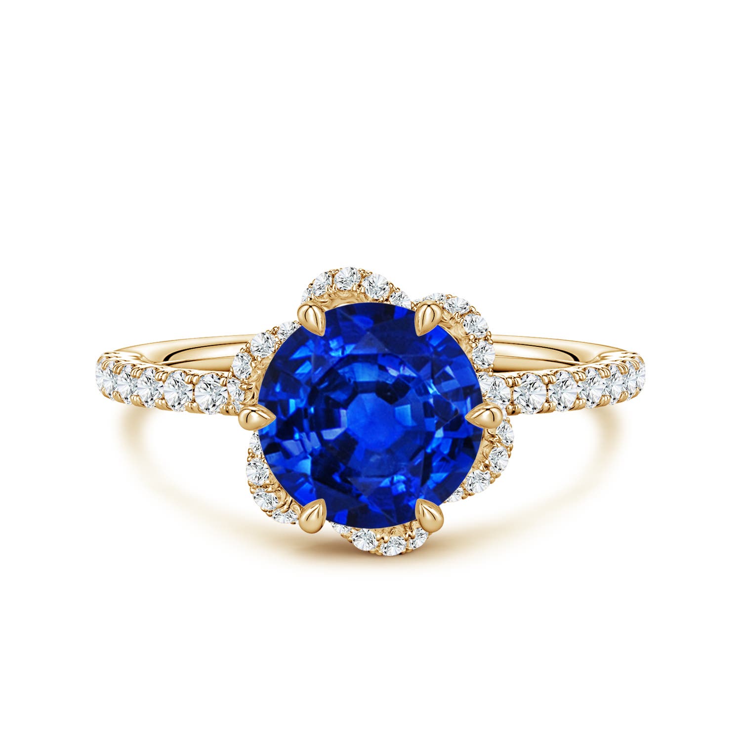 8mm AAAA Six-Claw Prong Round Blue Sapphire Floral Basket Engagement Ring in Yellow Gold