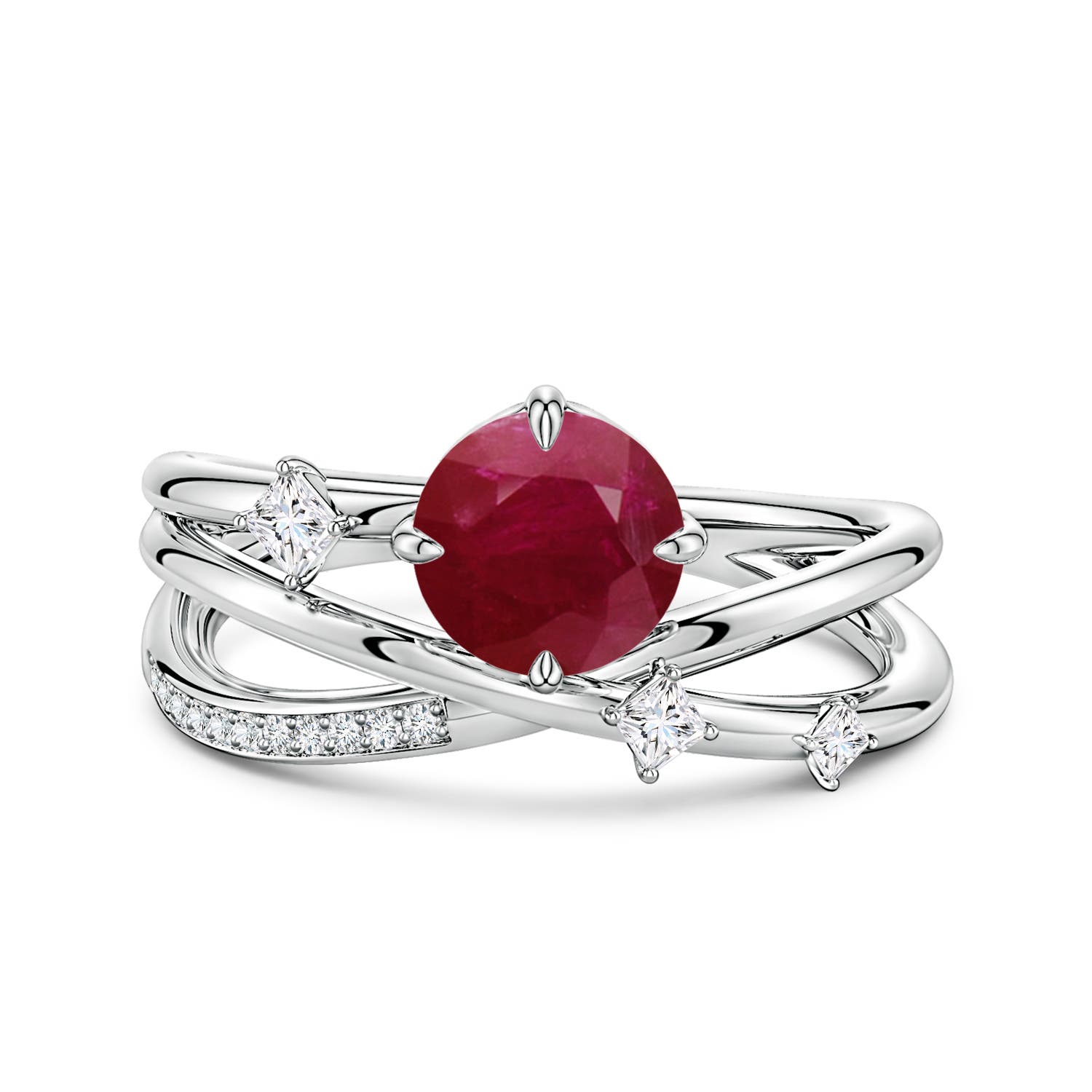 Angara 1.36 Ctw Round Ruby Crossover Engagement Ring With Scattered Accents In Burgundy