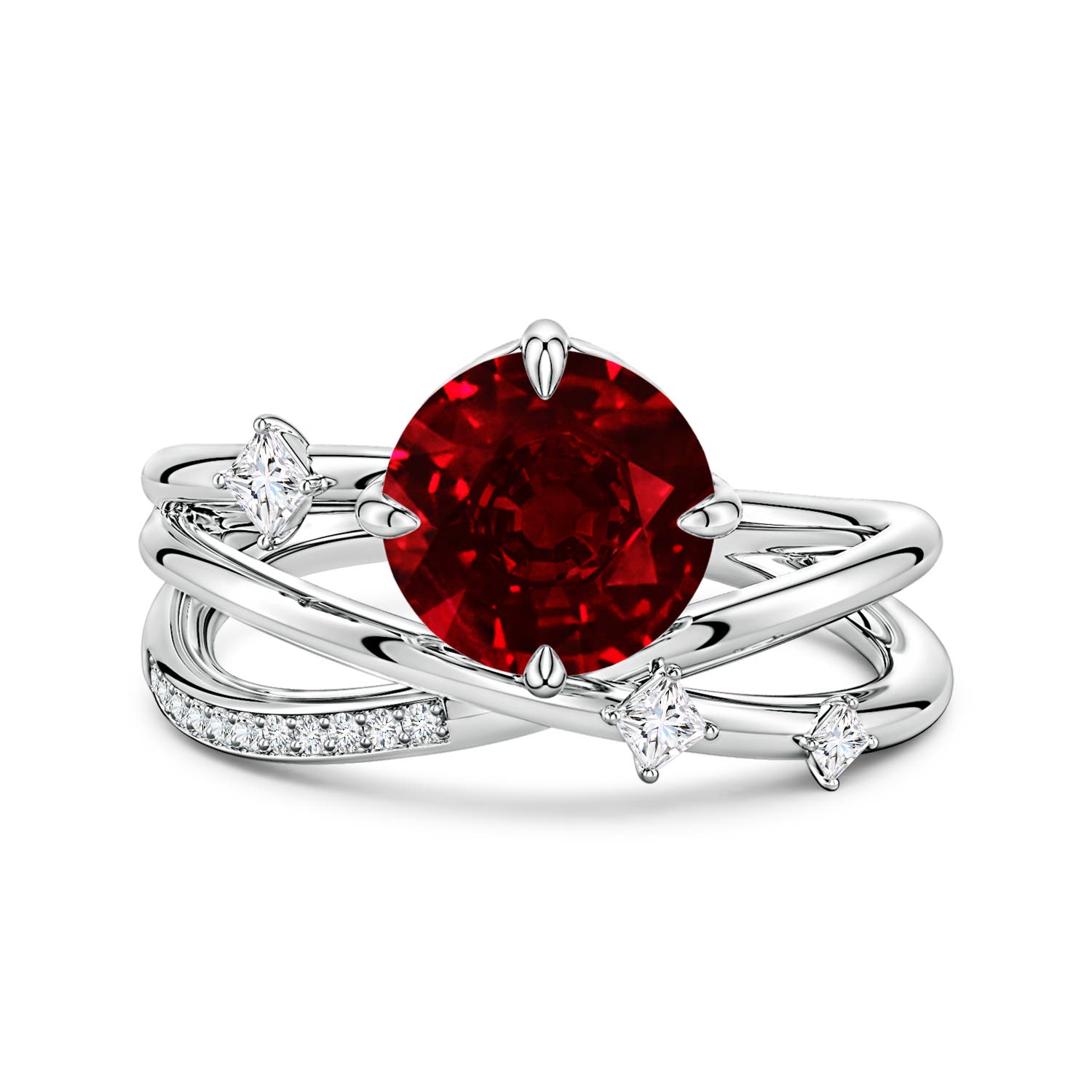 8mm AAAA Round Ruby Crossover Engagement Ring with Scattered Accents in P950 Platinum