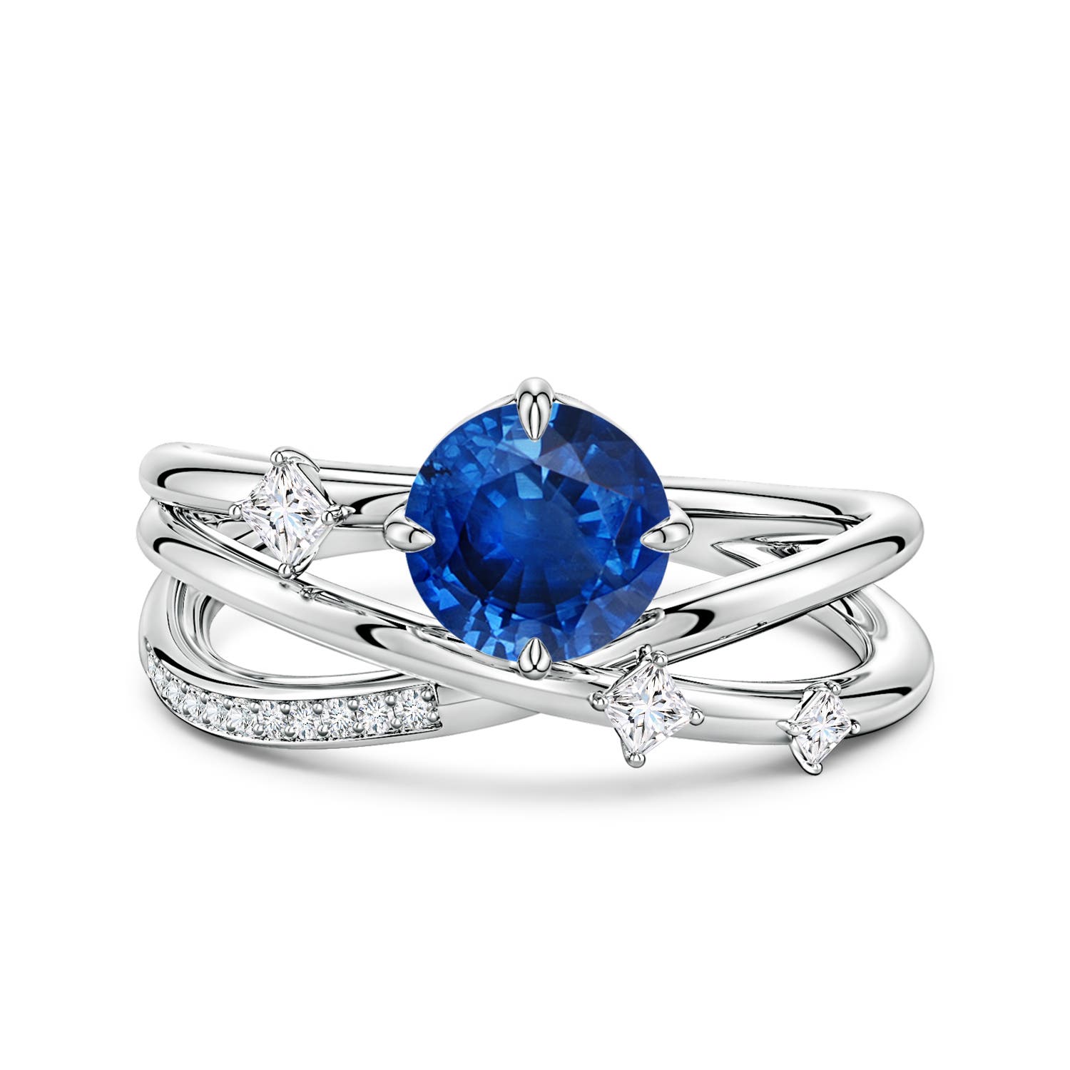 6.5mm AAA Round Blue Sapphire Crossover Engagement Ring with Scattered Accents in White Gold