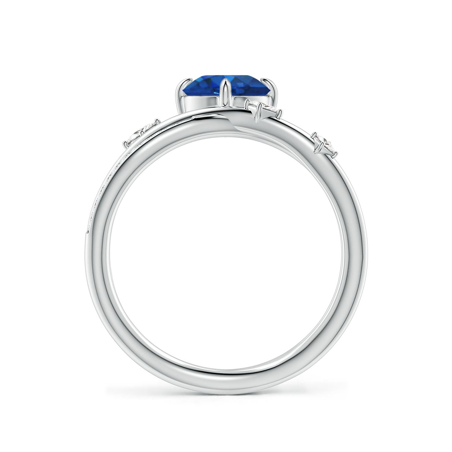 6.5mm AAA Round Blue Sapphire Crossover Engagement Ring with Scattered Accents in White Gold - side 2