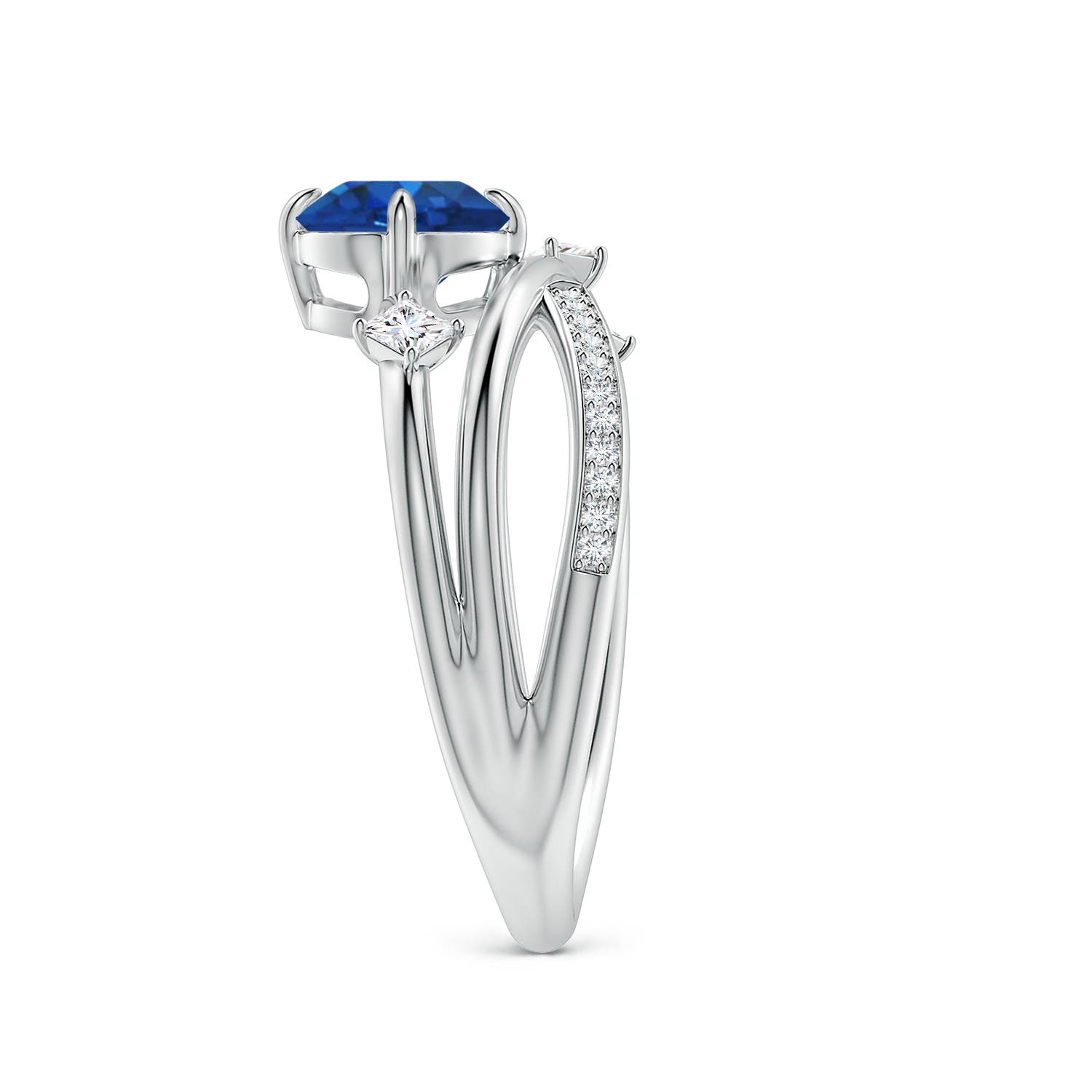 6.5mm AAA Round Blue Sapphire Crossover Engagement Ring with Scattered Accents in White Gold - side 3