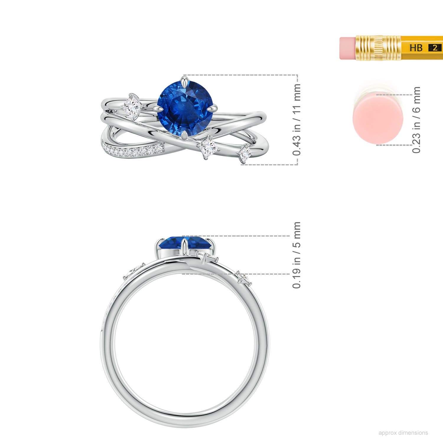 6.5mm AAA Round Blue Sapphire Crossover Engagement Ring with Scattered Accents in White Gold - ruler