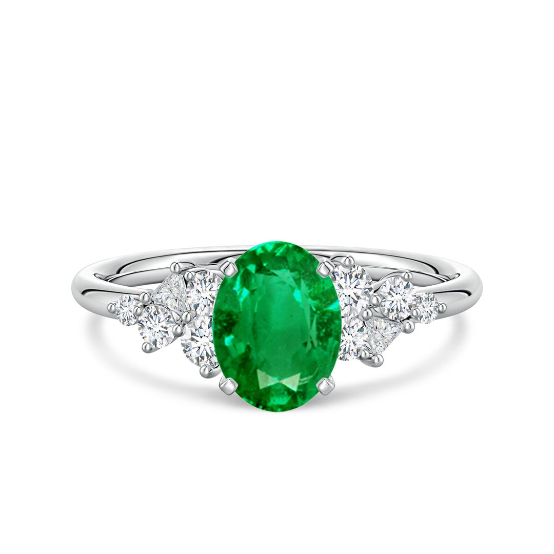 8x6mm AAA Oval Emerald Engagement Ring with Multi-Shape Diamonds in White Gold
