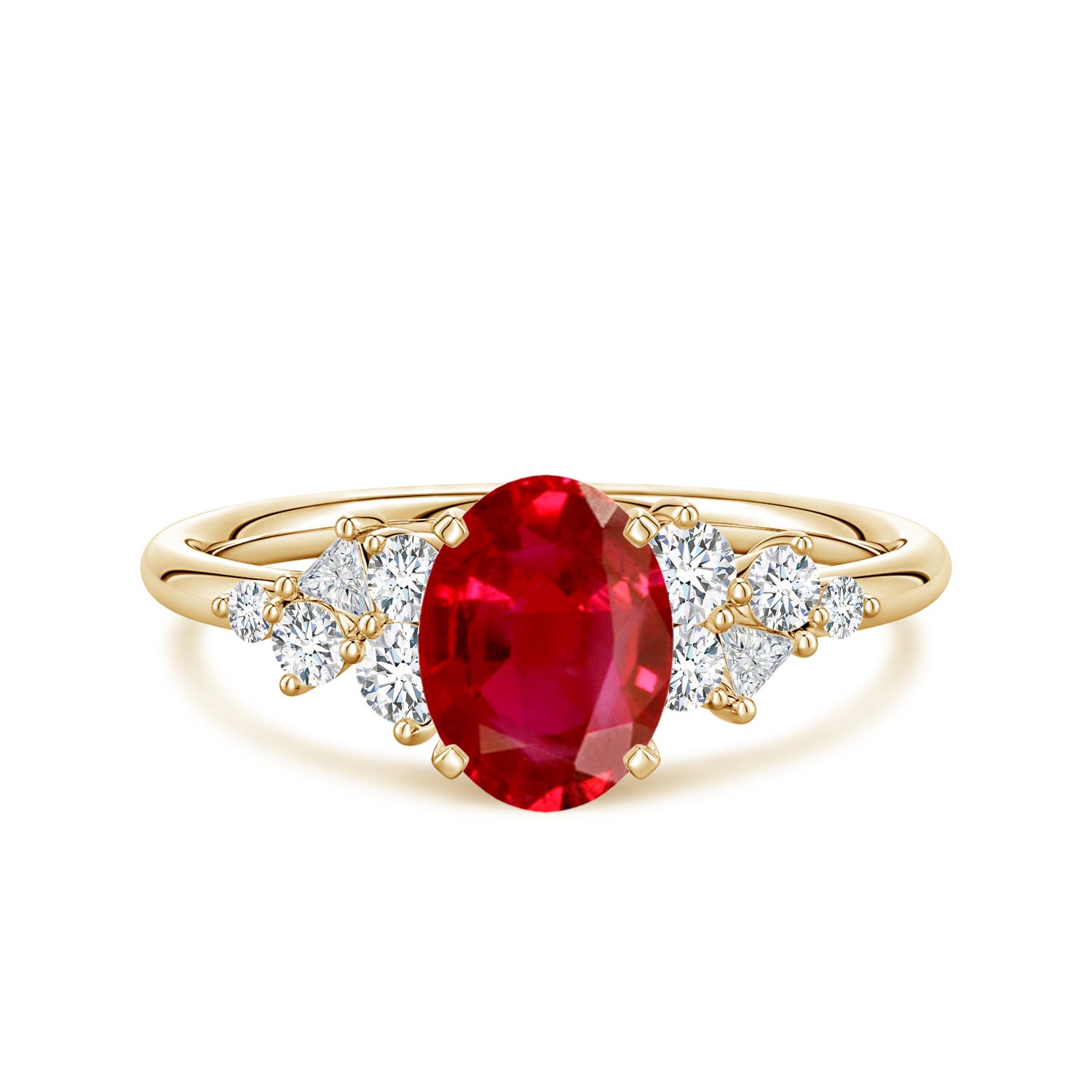 8x6mm AAA Oval Ruby Engagement Ring with Multi-Shape Diamonds in Yellow Gold