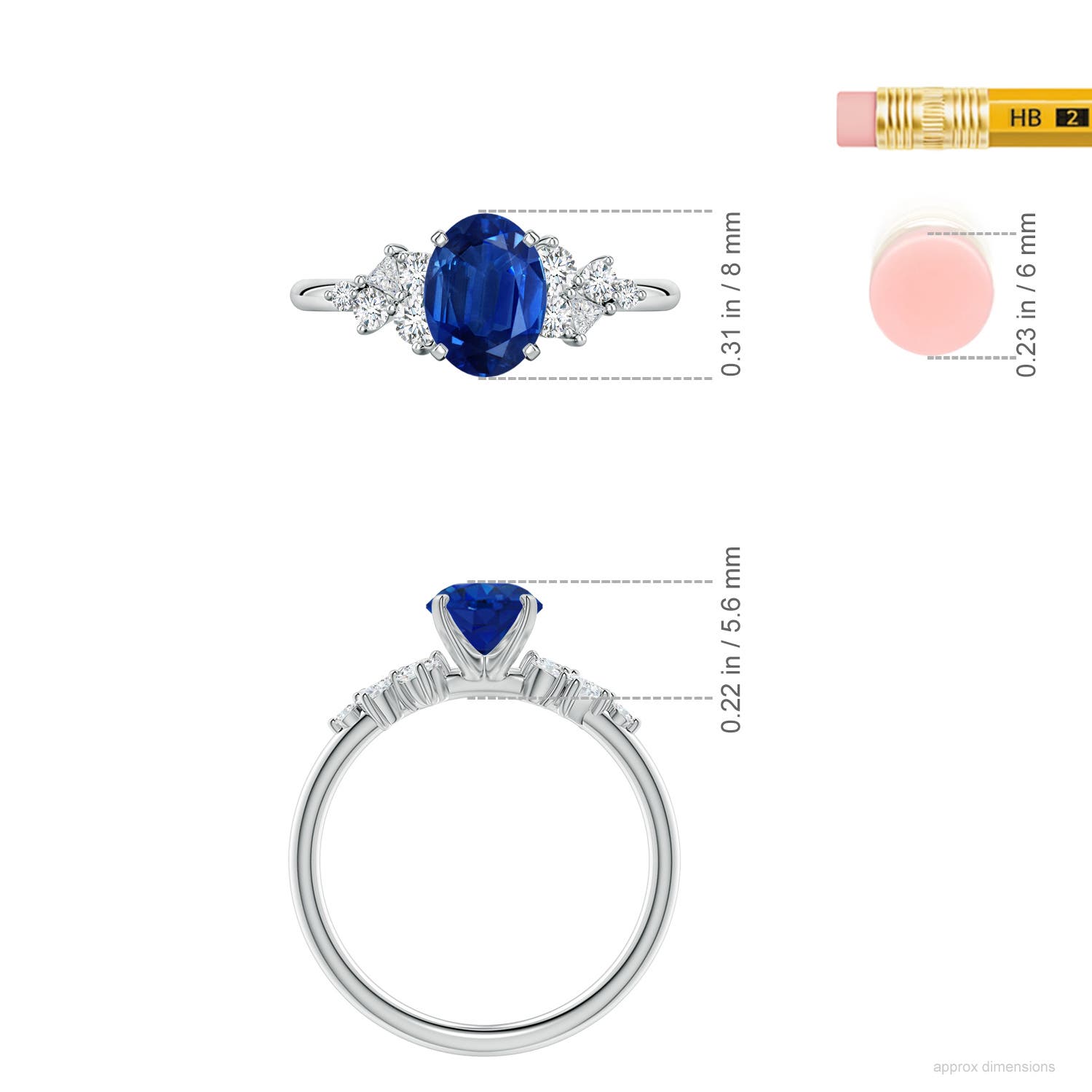 8x6mm AAA Oval Blue Sapphire Engagement Ring with Multi-Shape Diamonds in White Gold - ruler