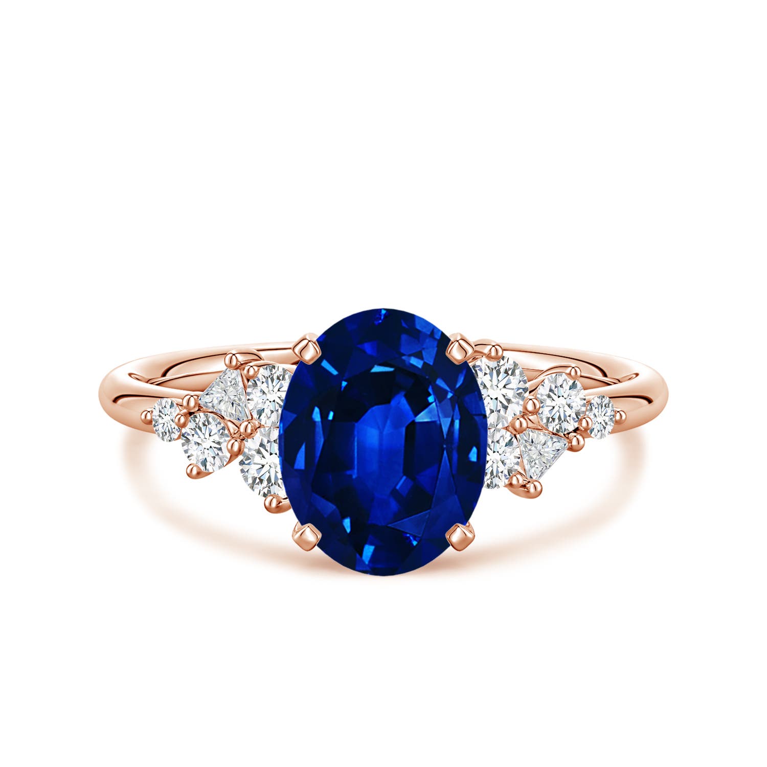9x7mm AAAA Oval Blue Sapphire Engagement Ring with Multi-Shape Diamonds in Rose Gold