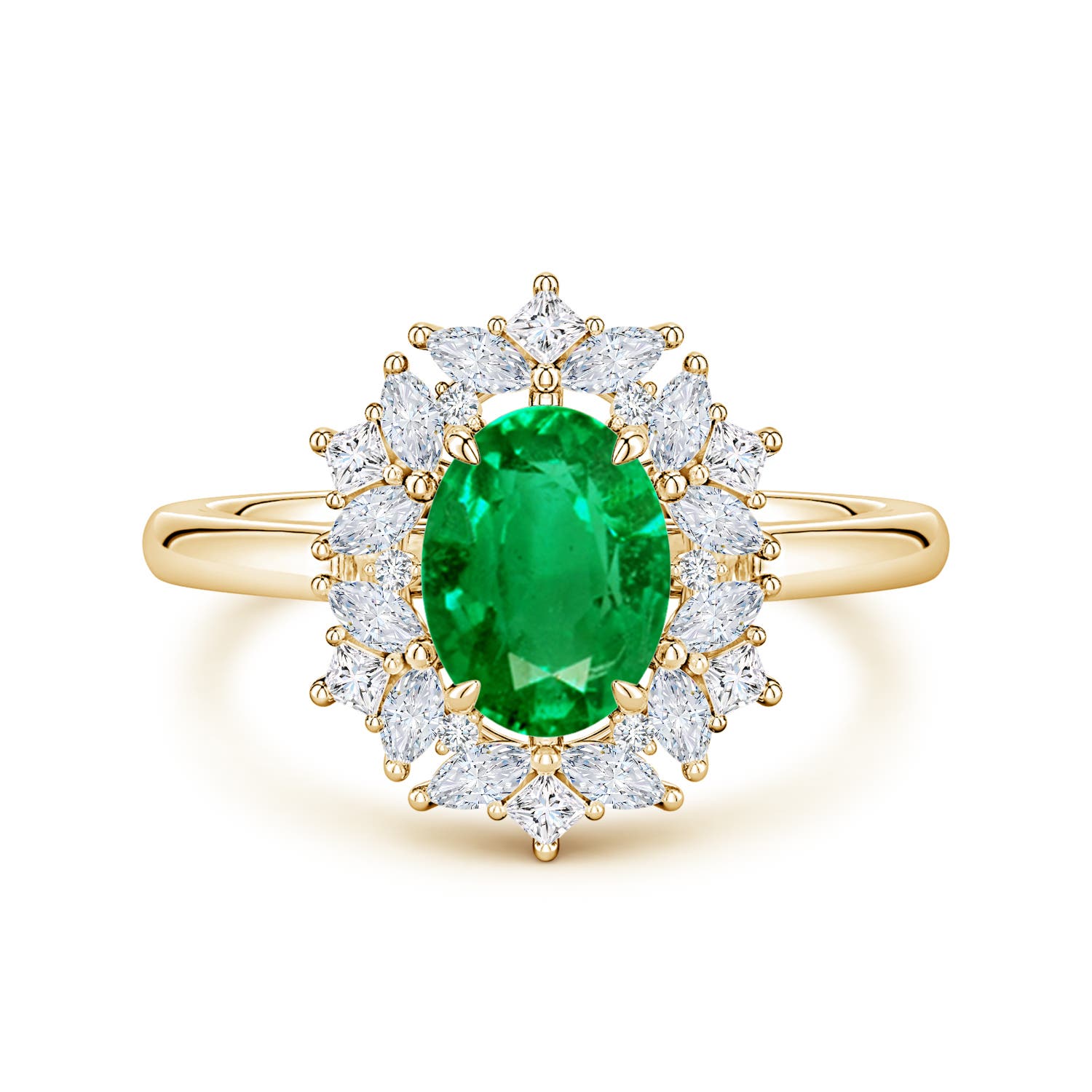 8x6mm AAA Oval Emerald Multi-Shape Ornate Halo Engagement Ring in Yellow Gold